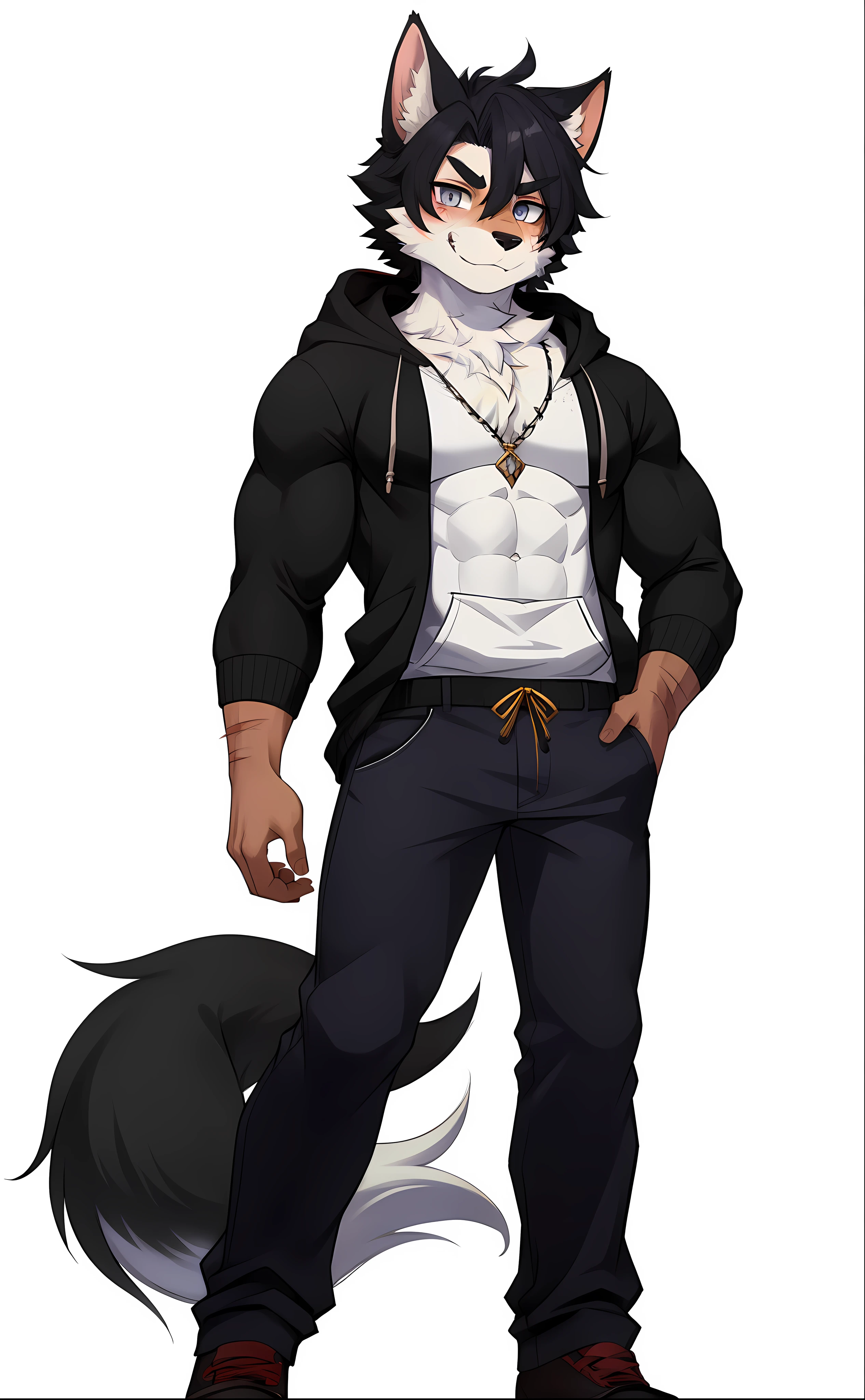 Kopotev，Wolf boy， masterpaintings，beste-Qualit，Shota，A thin body，chest muscle，Kiyosan， was hairy， male people， 独奏， Open hoodie， trouser， blackpupil， dark-eyed， Thick eyebrows， two tone fur， scars on eyes， looking looking at viewer，Detailed fur，fluffly，coattails， detailedbackground， alleys，Furry