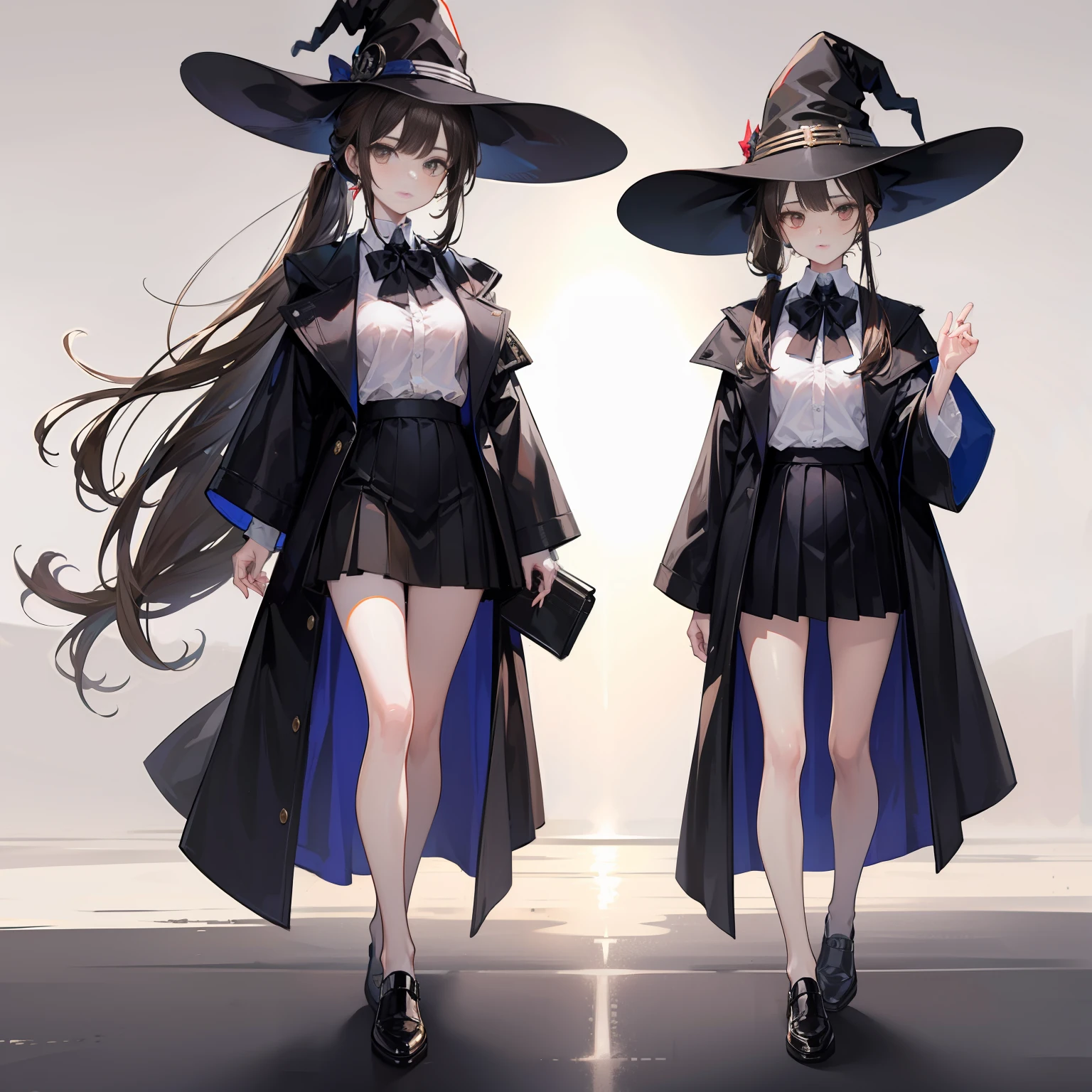 (Best picture quality,The most detailed,most realistic),(Hi-Def,Personalize your makeup,Blunt bangs cover the forehead,medium boob,brown-eyed,black colors/Brown hair with high ponytail),(The best light and shadow,Sorissos,brown-eyed),Hair gradient(+High ponytail:1.2),with a simple background,Knees,Hair bangs,Black skirt,long sleeves,libraryai,standing pose,Black footwear, black headwear, White shirt, sidesaddle, Black skirt,Robe, neck bowtie, Collared shirt, Bare legs,Witch robes