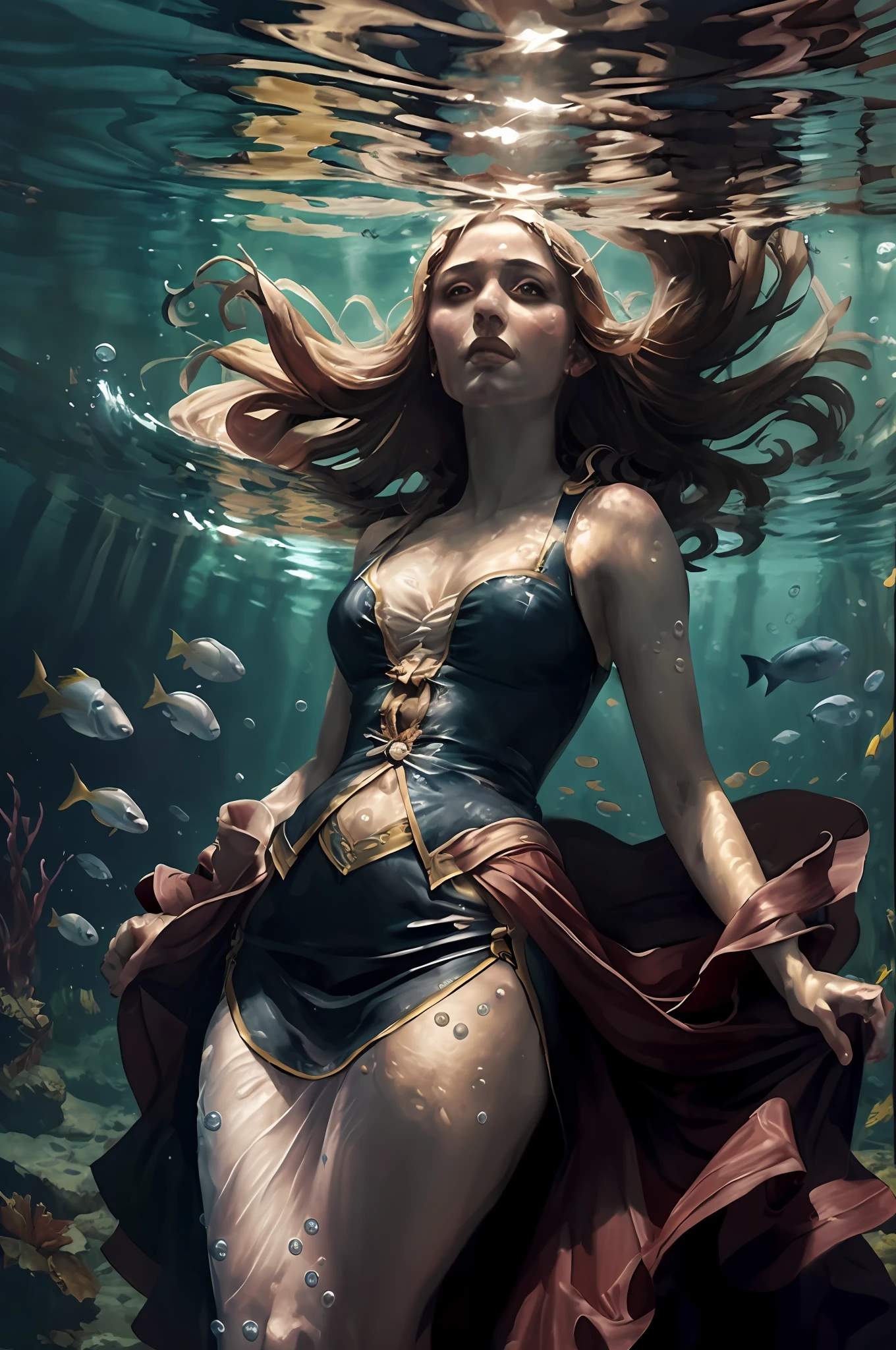 (Underwater) drown (1woman) (under the water), in 19th century, beautiful painting with highly detailed face, fluid hair, flowing clothes, pale skin, reflections, by greg rutkowski and magali villanueve