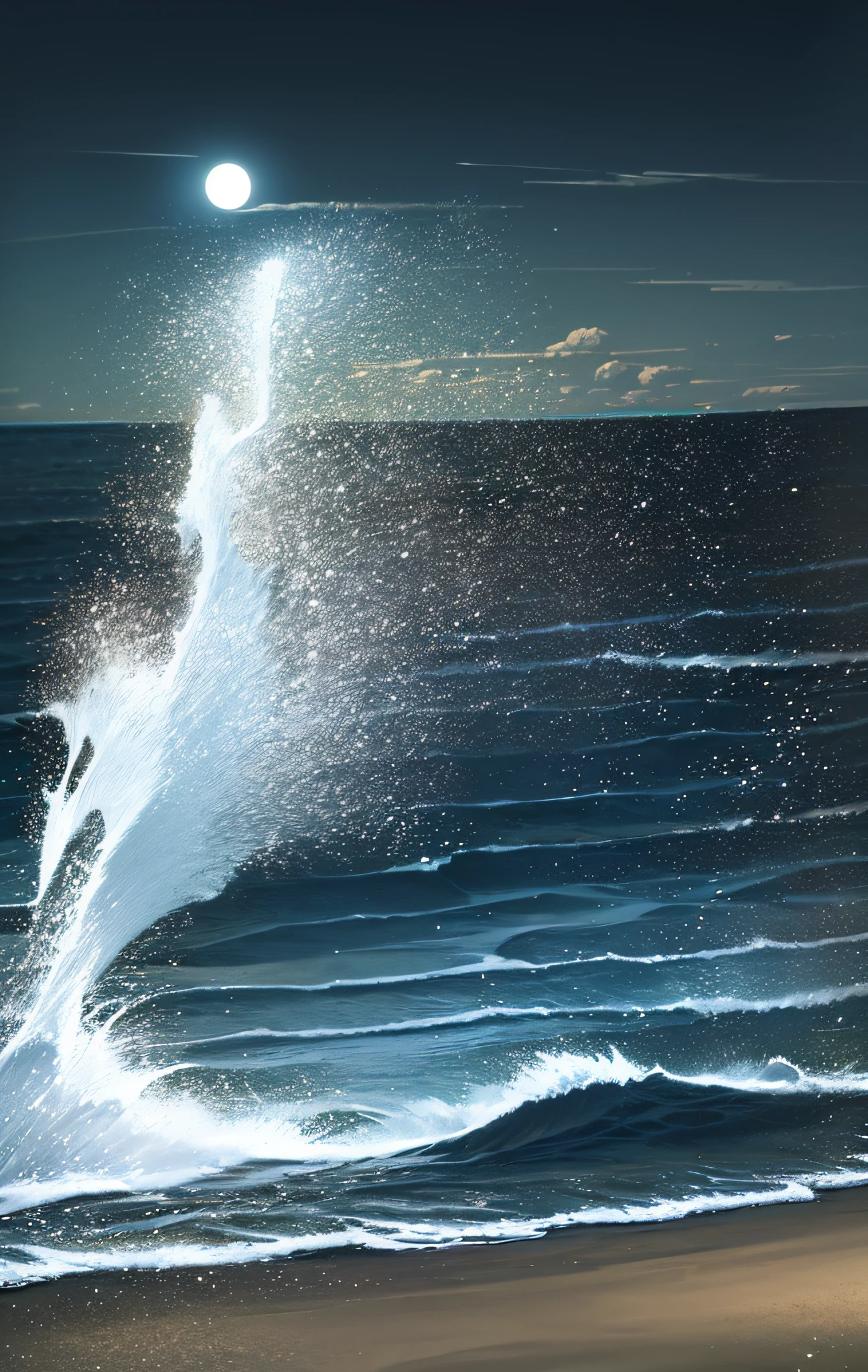 (moonlit night),(on the beach,crashing waves),(dramatic lighting),(silhouettes),(sparkling sand),(peaceful and relaxing atmosphere)