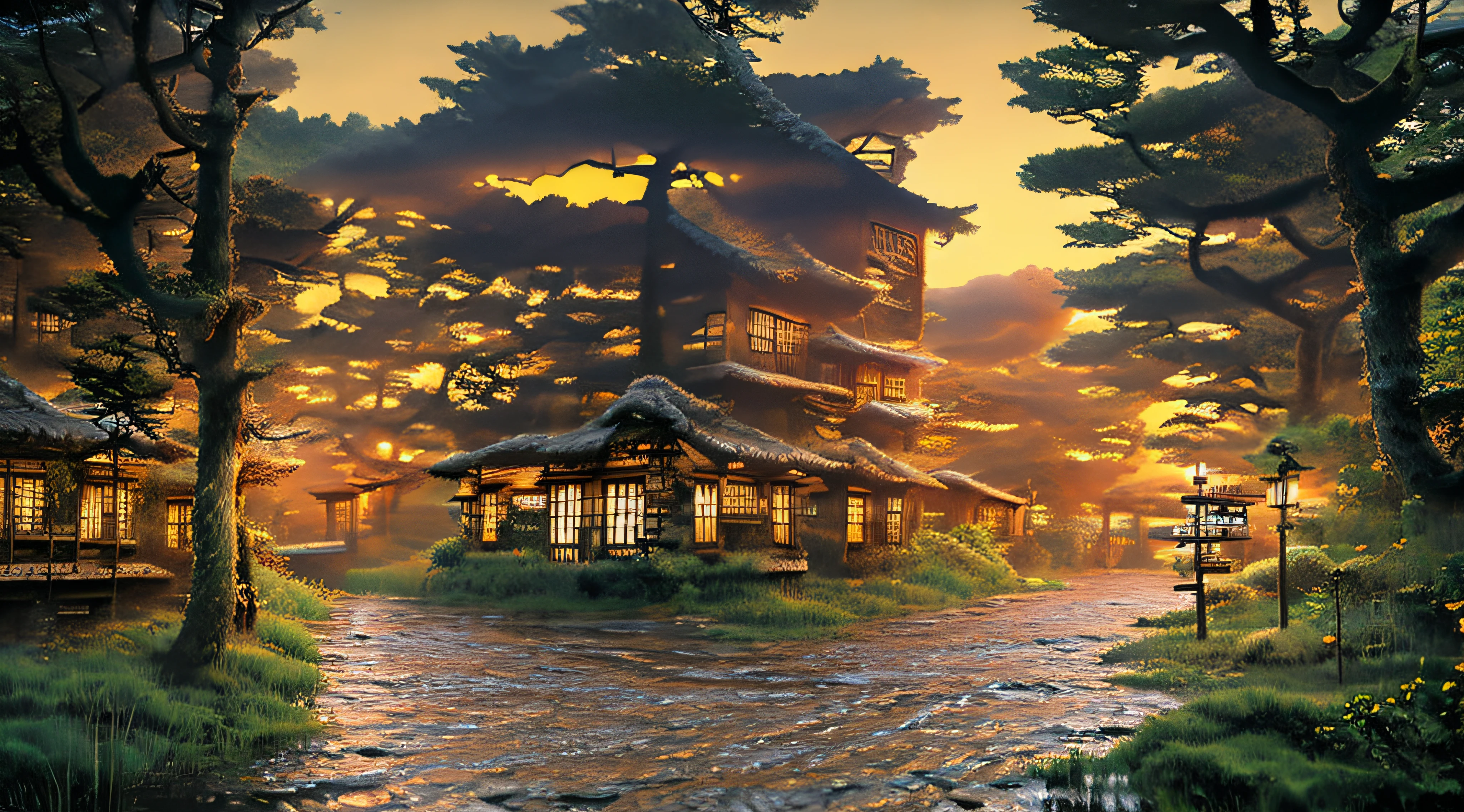 At night, old Kyoto cityscape, Japan-like wooden architecture surrounded by moss and trees, submerged Kyoto city, Kyoto townhouse, Japan residence, Japan Kyoto, Kyoto city integrated with the forest, water flowing on the road, decadent and devastated Kyoto, flooded and covered with forest trees, lanterns, lanterns, fishing lanterns, RAW photos of landscape, detail, photorealistic, ultra-realistic photos, 8k UHD, DSLR, Soft lighting, high quality, film grain, Fujifilm XT3, (masterpiece), human POV, human eye level, masterpiece, top quality, very elaborate CG Unity 8K wallpapers, oil paintings, award-winning photography, bokeh, depth of field, HDR, bloom, chromatic aberration, photorealistic, very detailed, art station, CGSociety, trending trend, complex, High Detail, Dramatic, Art by Mid-Journey, Volumetric Lighting