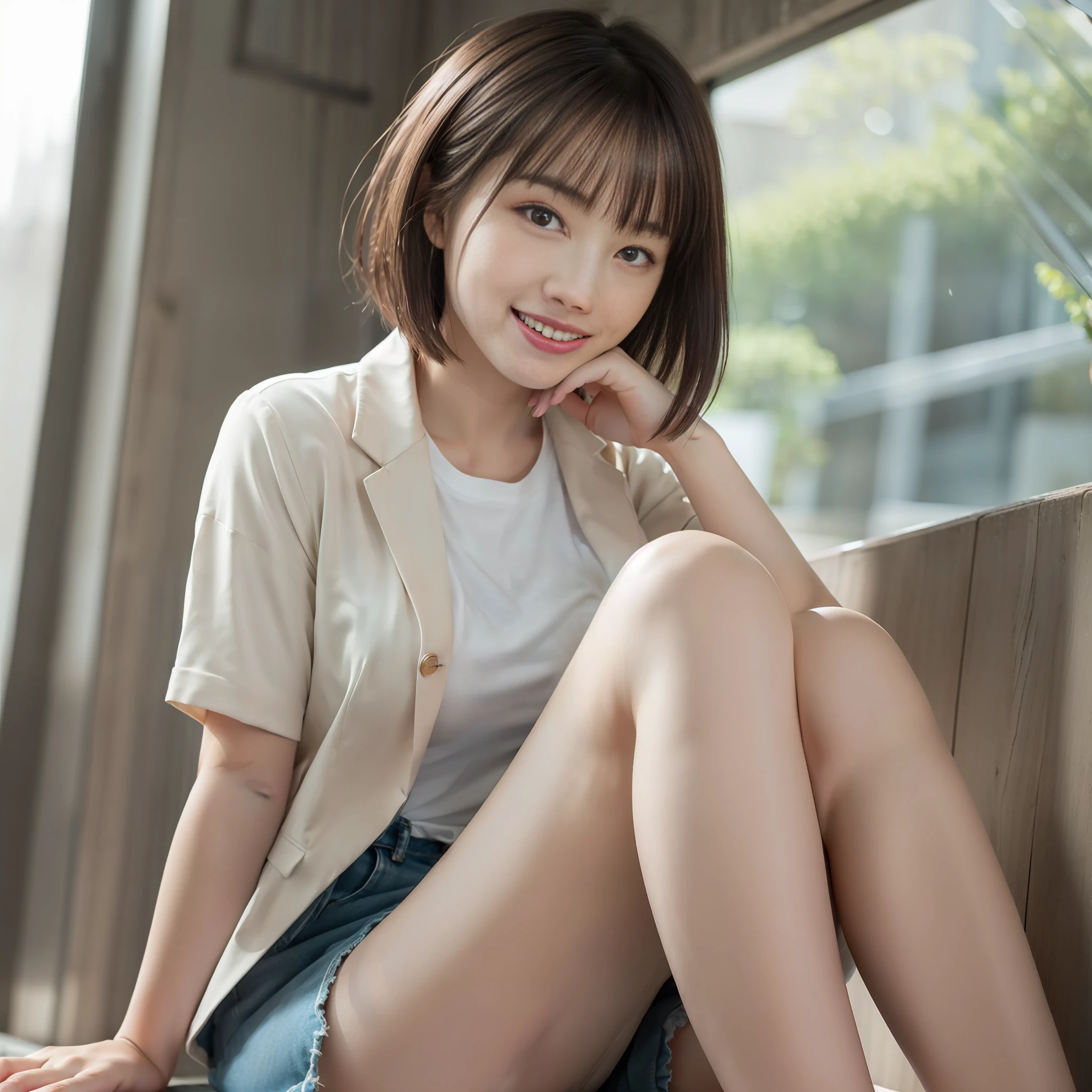 (8K、beste-Qualit、шедевр:1.2)、(Realistic、photo- realistic:1.2)、cute-cute、独奏、Beautiful Definition Sky、nights、Wet、is looking at the viewer、(sit ch:1.5)、date、the future、
(nose blush)、(a smile:1.15)、(With mouth closed) 、Fine and beautiful eyes、)、grey blazer、Button T-shirt、Black miniskirt、makeups、(8K、Raw photography:1.2)、Brown hair、Bob Hair、Sareme、Slimed、ful body、Detailed fingertips、One lady、独奏、Dressing、beauty legs、Dressing