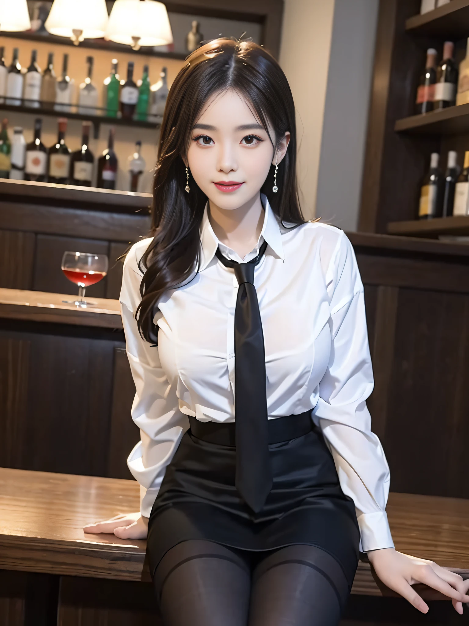 Exquisite, masterpiece, beautiful details, colorful, delicate details, delicate lips, intricate details, large breasts, 1 female, (a beautiful 20-year-old cute Korean woman: 1.1), (kpop idol, Korean mixed), (50mm Sigma f/1.4 ZEISS lens, F1.4, 1/800s, ISO 100, photograpy:1.1), (brunetize: 1.2), (photorealistic:1.4 ), (SPY:1.2), (Open Jacket,Shirt, Skirt,Tie,Black Pantyhose,Christian Louboutin\(Brand\),:1.3), Earrings, Necklace, Armbands, (Tavern, Bar:1.2), (Beautiful Legs, High Girl, Skinny, slim_legs, thigh_gap, Model:1.2), Lens flare, viewed from the front, (Happy smile: 1.1), dynamic pose, (makeup: 1.2), sitting on a bar stool,