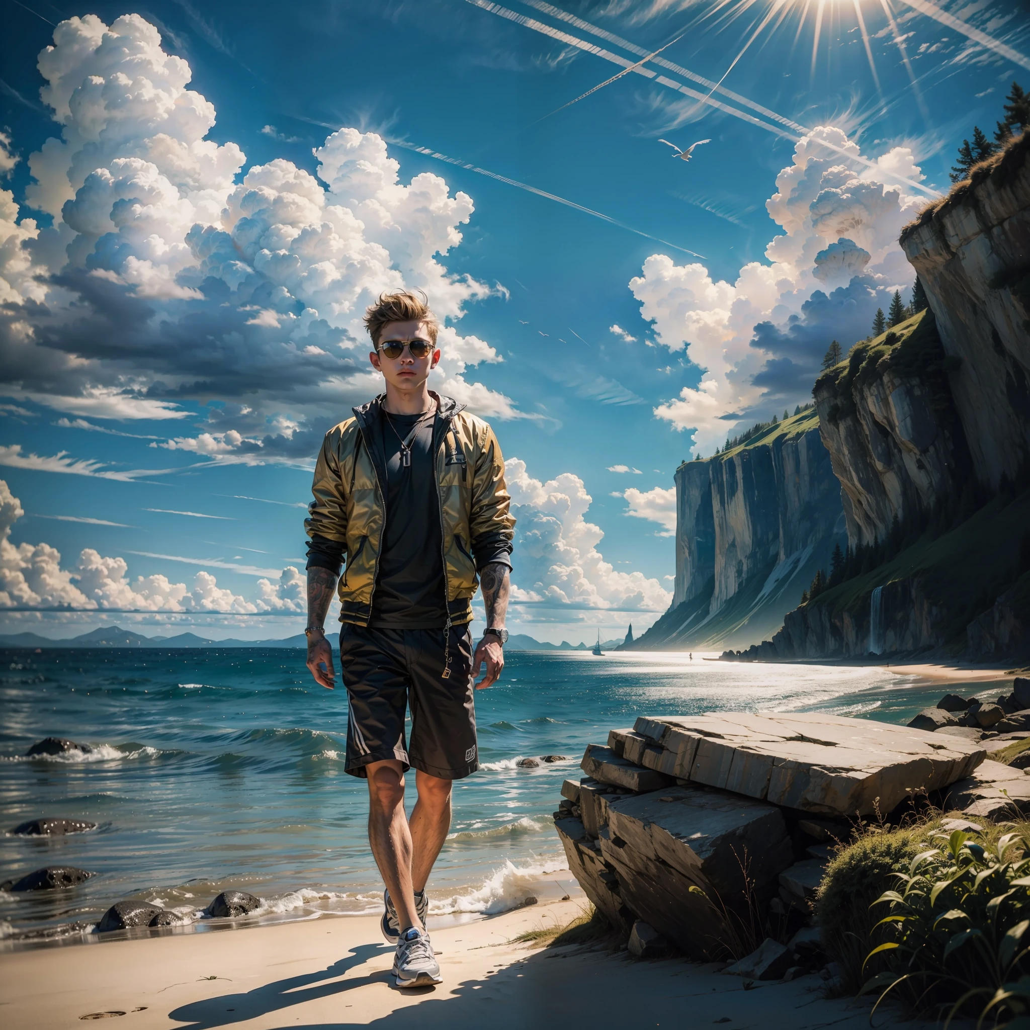 8k,ultra detailed, masterpiece, best quality, (extremely detailed), dynamic angle, arafed, young man, standing near a red sports car, tan, sunglasses, short blond hair, near a cliff by the sea, daylight, sun rays, clouds, anatomically correct, Wide-Angle, Ultra-Wide Angle, 8k, highres, best quality, high details