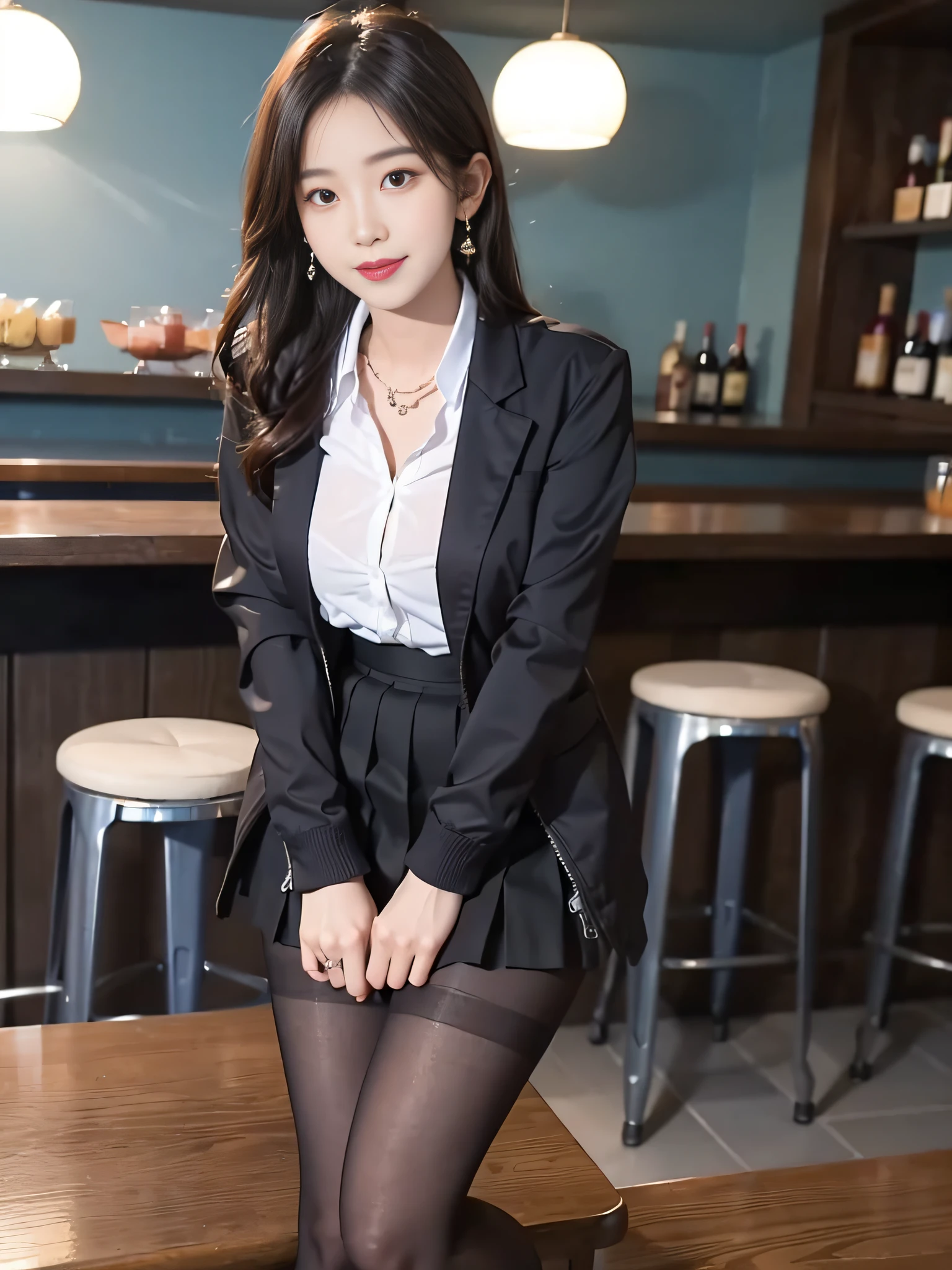 Exquisite, masterpiece, beautiful details, colorful, delicate details, delicate lips, intricate details, large breasts, 1 female, (a beautiful 20-year-old cute Korean woman: 1.1), (kpop idol, Korean mixed), (50mm Sigma f/1.4 ZEISS lens, F1.4, 1/800s, ISO 100, photograpy:1.1), (brunetize: 1.2), (photorealistic:1.4 ), (SPY:1.2), (Open Jacket,Shirt, Skirt,Tie,Black Pantyhose,Christian Louboutin\(Brand\),:1.3), Earrings, Necklace, Armbands, (Tavern, Bar:1.2), (Beautiful Legs, High Girl, Skinny, slim_legs, thigh_gap, Model:1.2), Lens flare, viewed from the front, (Happy smile: 1.1), dynamic pose, (makeup: 1.2), sitting on a bar stool,