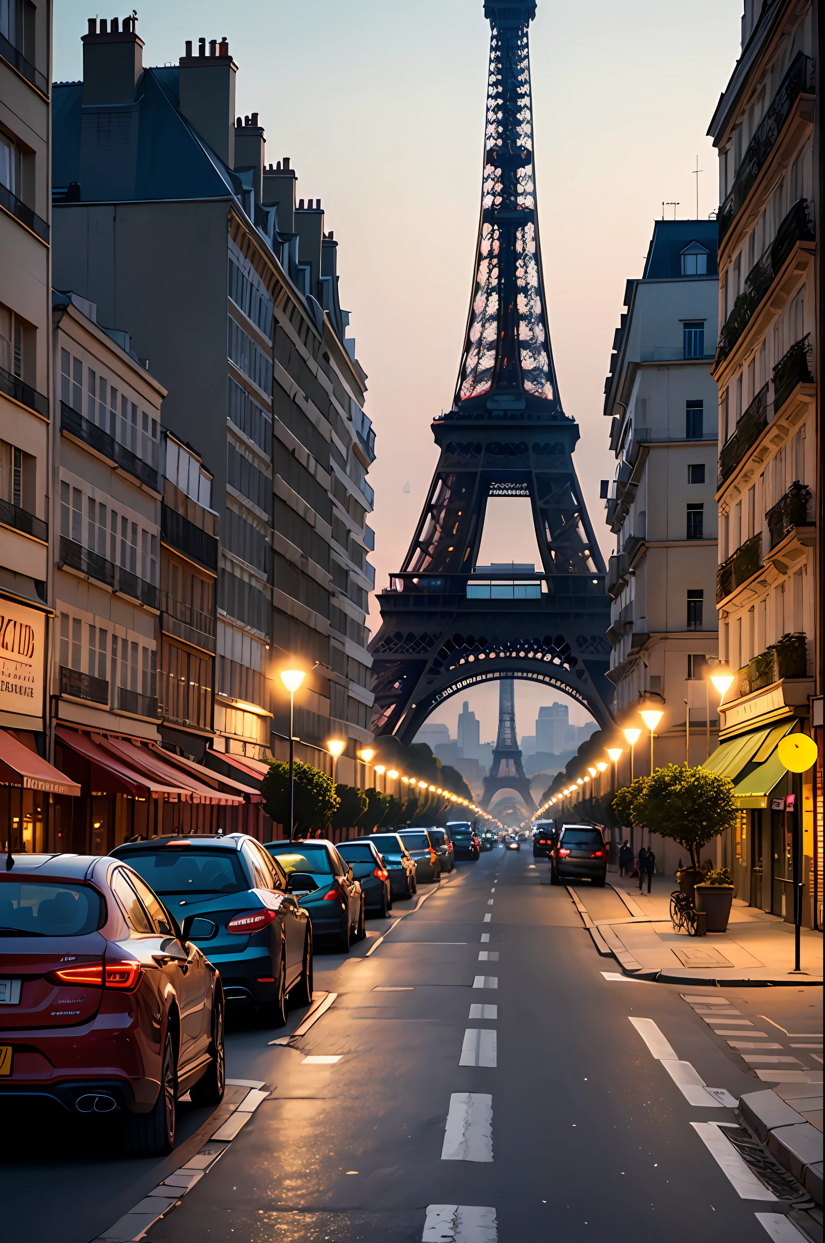 a view of a street with cars parked on both sides of it, by Rafael Colin, eiffel tower left, paris city, parisian street at night, street of paris photography, eiffel tower photography, cinematic paris, eiffel tower in the middle, eiffel tower, paris background, paris eiffel tower, paris, nighttime, 4 k vertical wallpaper, 4k vertical wallpaper --auto