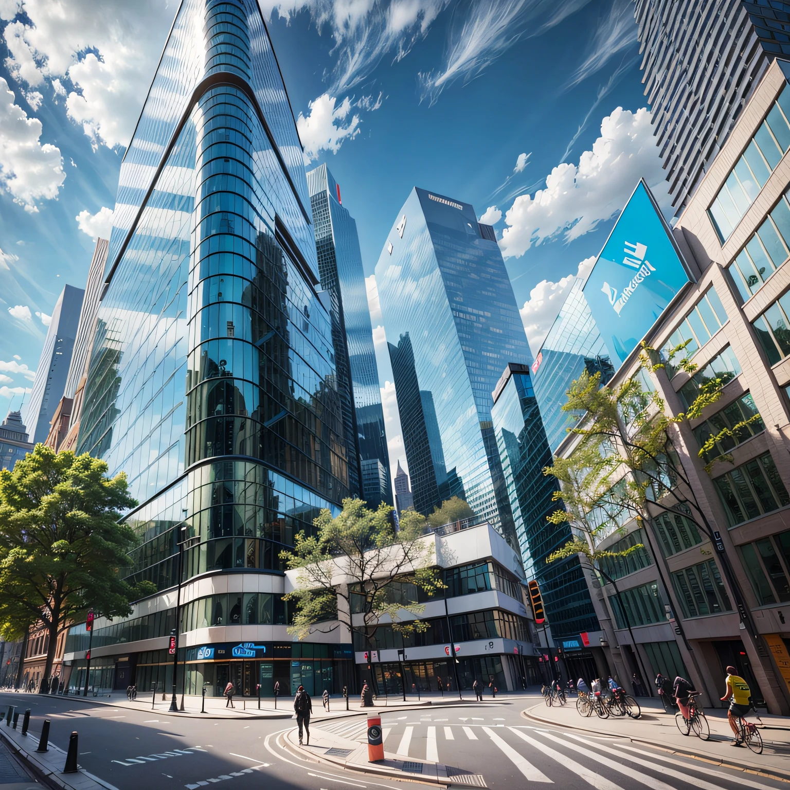 A stunningly realistic digital rendering of a modern urban commercial complex designed by renowned architectural firms such as SOM and OMA. The complex features pedestrian streets and exquisite shops, with modern architectural facades creating a sleek and sophisticated environment. The use of three-dimensional corridors and glass curtain wall towers adds to the overall futuristic feel of the scene, while realistic lighting and three-dimensional greenery create a sense of depth and vibrancy. The street planting is exquisitely detailed, adding a touch of natural beauty to the urban space. Rendered in high definition quality using 3D rendering software, the image is a breathtaking piece of urban design, strong contrast of light and shadow,Modern park in the city,aerial shot,Designed by a renowned architectural firm,There are large sculptures,Character activities,Rich in greenery,photographrealistic, Hyper-realistic, devout, ultra hyper-detailed, intricated, dramatics, Plenty of sunshine, shadowed, HighDynamicRange, --auto