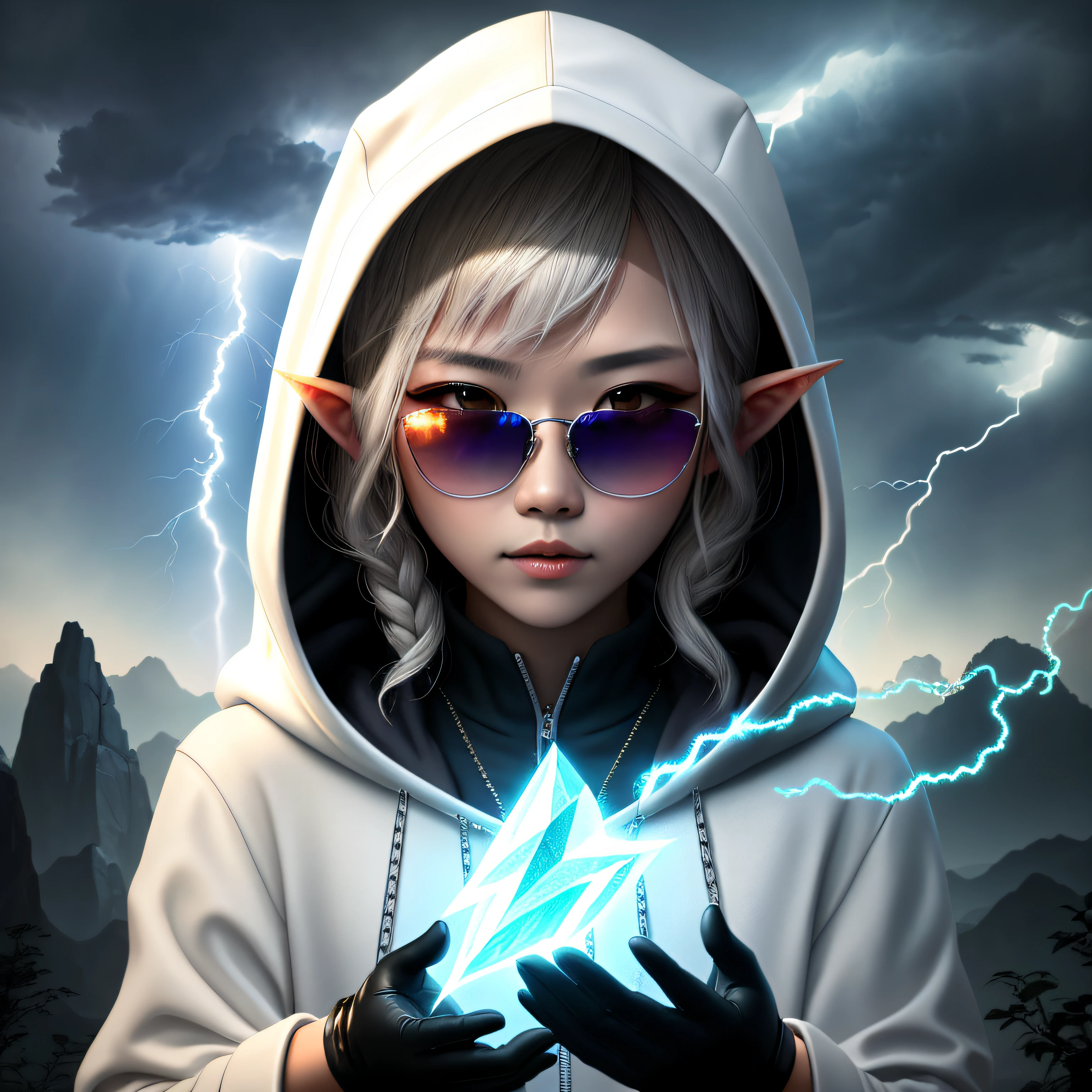 Asian fairy wearing silk hooded and glowing gloves,Lateral face,A collarless coat,Lightning hands,sunglasses,Cyberpunk smoke,(((nmasterpiece))),(((Best Quority))(Ultra-detailded)(illustration)(Detailed lighting)((unexpressive))(nmasterpiece)(Best Quority)(Ultra-detailded)(photorealestic),(Detailed light),((an extremely delicate and beautiful one),((faerie)),((lightning in hand)),Lightning surrounds the fairy,((lightning chain)),Suspended crystals,There is lightning inside the crystal,