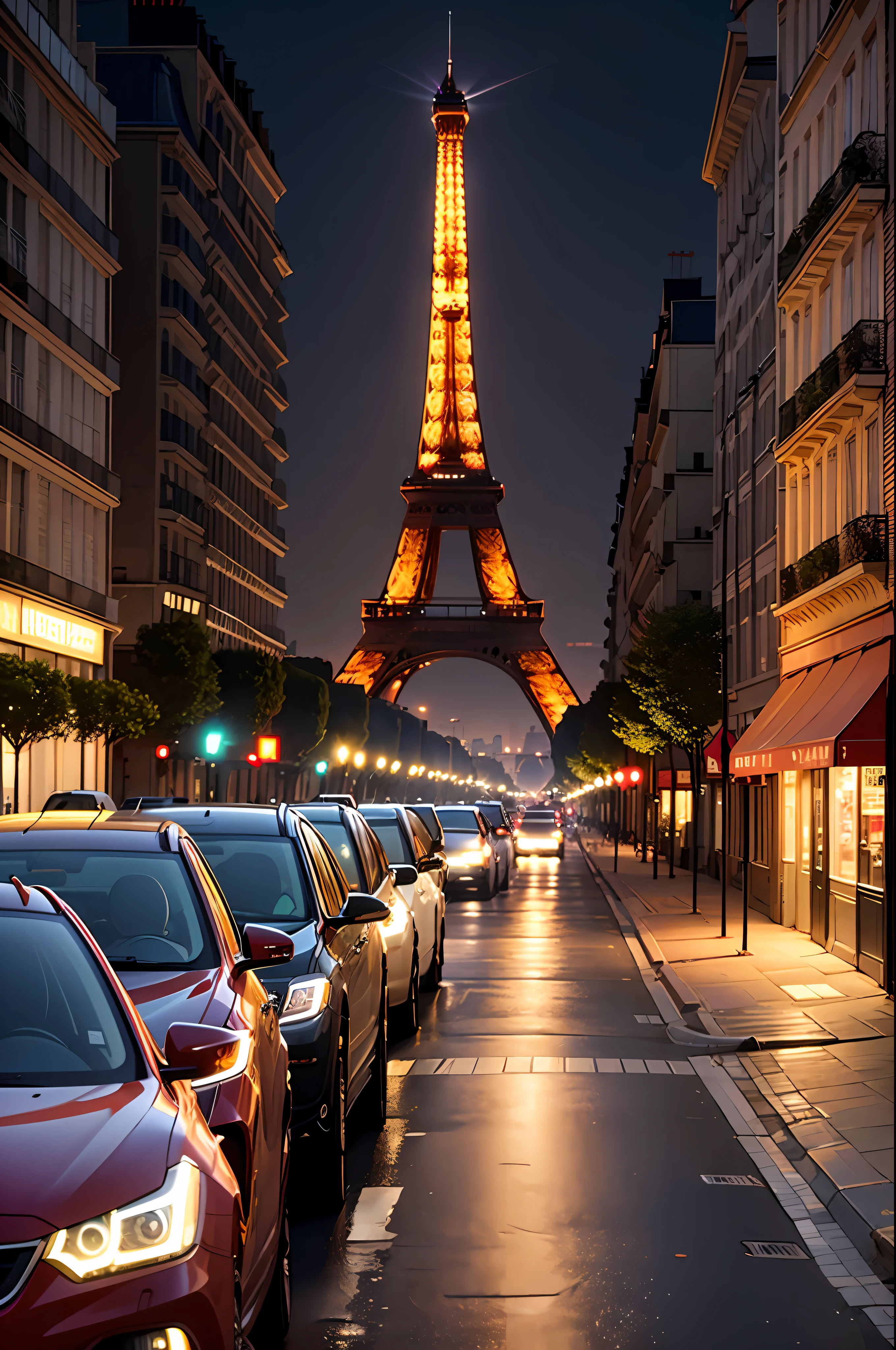 a view of a street with cars parked on both sides of it, by Rafael Colin, eiffel tower left, paris city, parisian street at night, street of paris photography, eiffel tower photography, cinematic paris, eiffel tower in the middle, eiffel tower, paris background, paris eiffel tower, paris, nighttime, 4 k vertical wallpaper, 4k vertical wallpaper --auto
