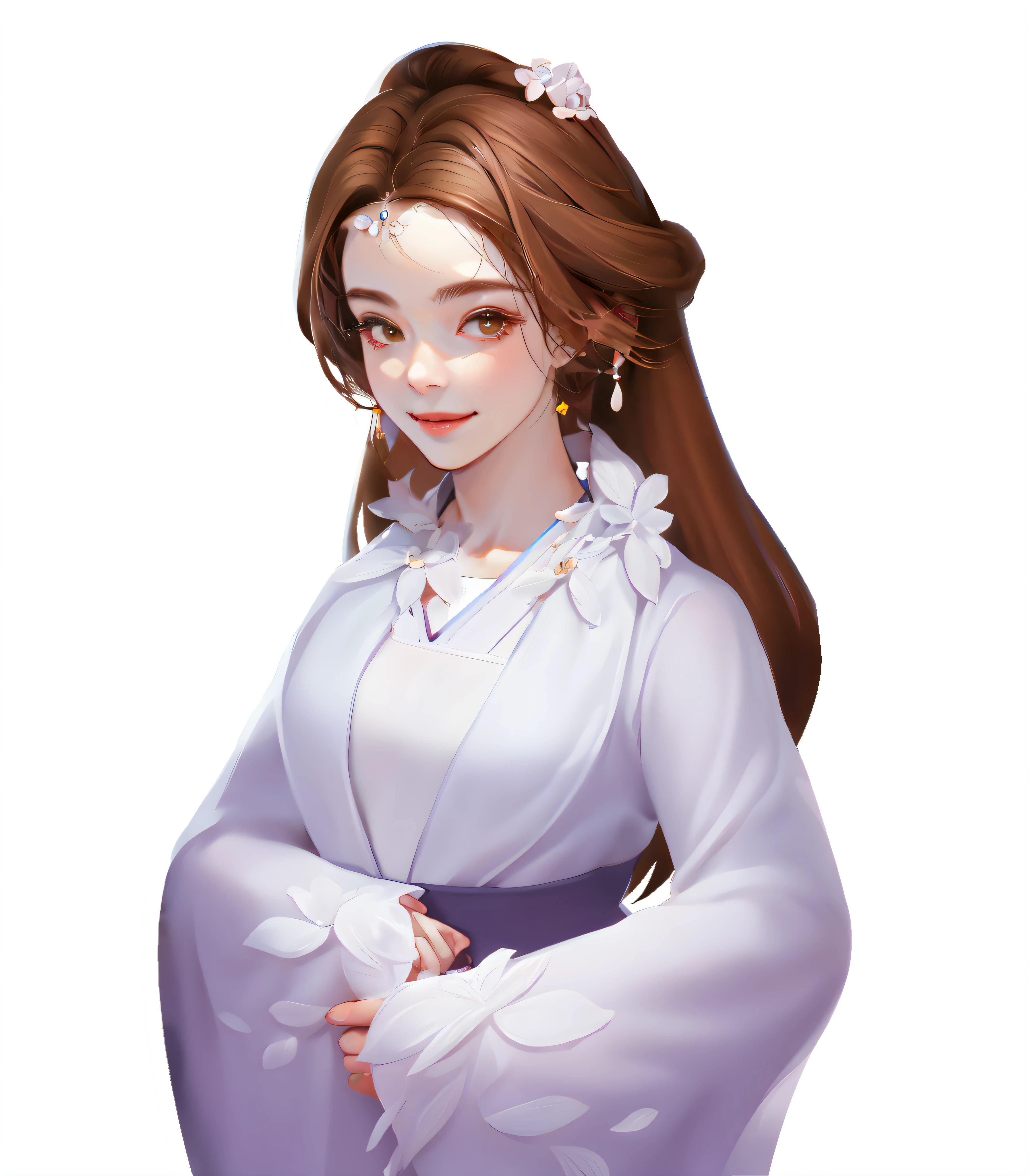 ((masterpaintings)),hightquality,hyper detailled,A cartoon girl with brown hair and white Hanfu,Di Li Gerba,smil