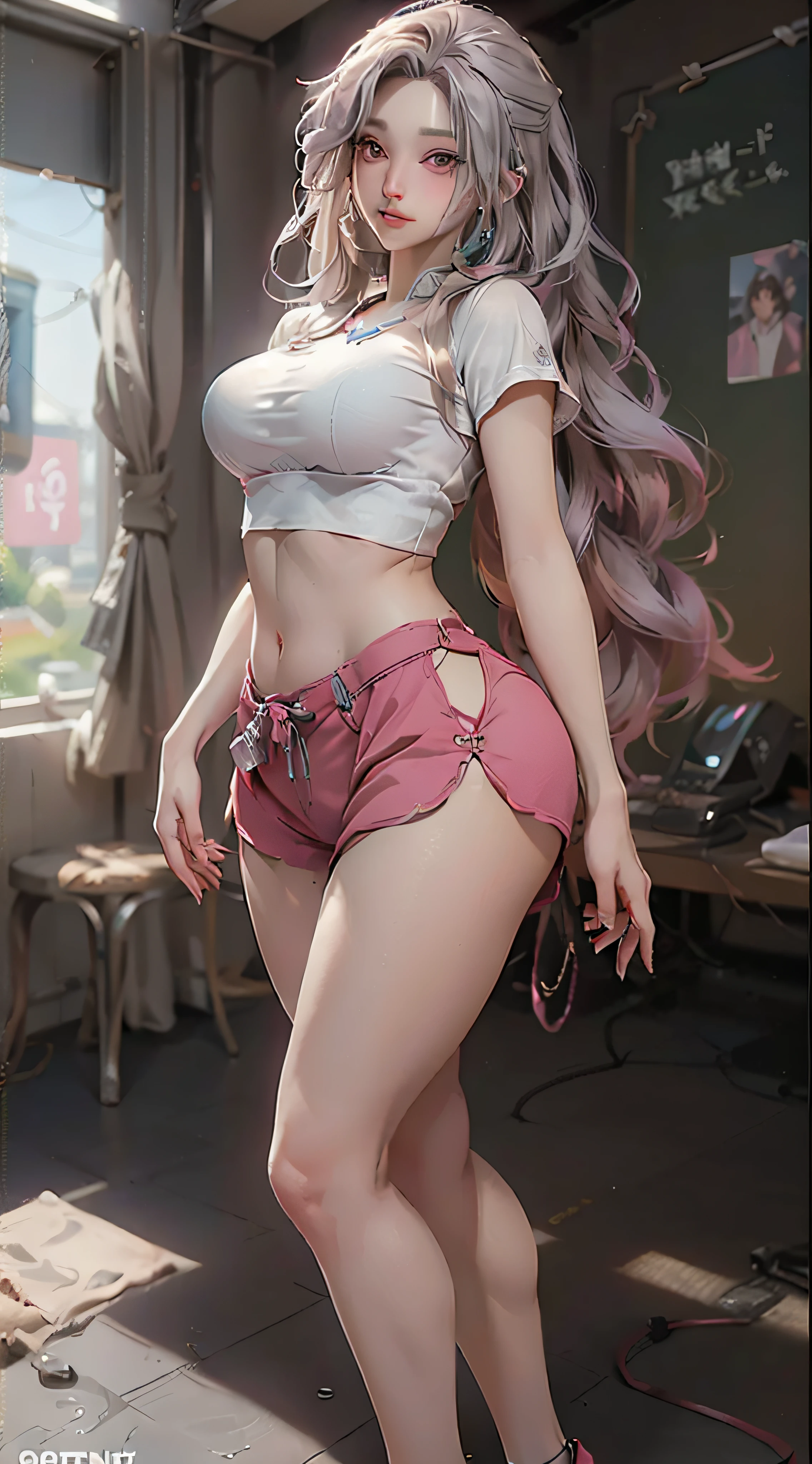(Best Quality), ((Masterpiece), (Detail: 1.4), 3D, A Beautiful Cyberpunk Woman, HDR (High Dynamic Range), Ray Tracing, NVIDIA RTX, Super-Resolution, Unreal 5, Subsurface Scattering, PBR Textures, Post-Processing, Anisotropic Filtering, Depth of Field, Maximum Sharpness and Clarity, Multi-layer Textures, Albedo and Highlight Maps, Surface Shading, Accurate simulation of light-material interactions, perfect proportions, Octane Render, two-color light, large aperture, low ISO, white balance, rule of thirds, 8K RAW, big breasts, big breasts, big breasts, double breasts, breast augmentation, pants coming off, clothes slipping off, nudity, gray hair, long hair, long hair and waist, lace trim, transparent clothing, transparent clothes, coquettish, fat buttocks, full type, full body, fat buttocks, very large, thick legs, thighs, sexy charm, thong, no clothes, miniskirt, big ass, upturned buttocks, Pouting ass, pouting, short clothes, short pants, transparent clothes, pink cute, pink tender, cute, exposed, exposed breasts, leaky groove