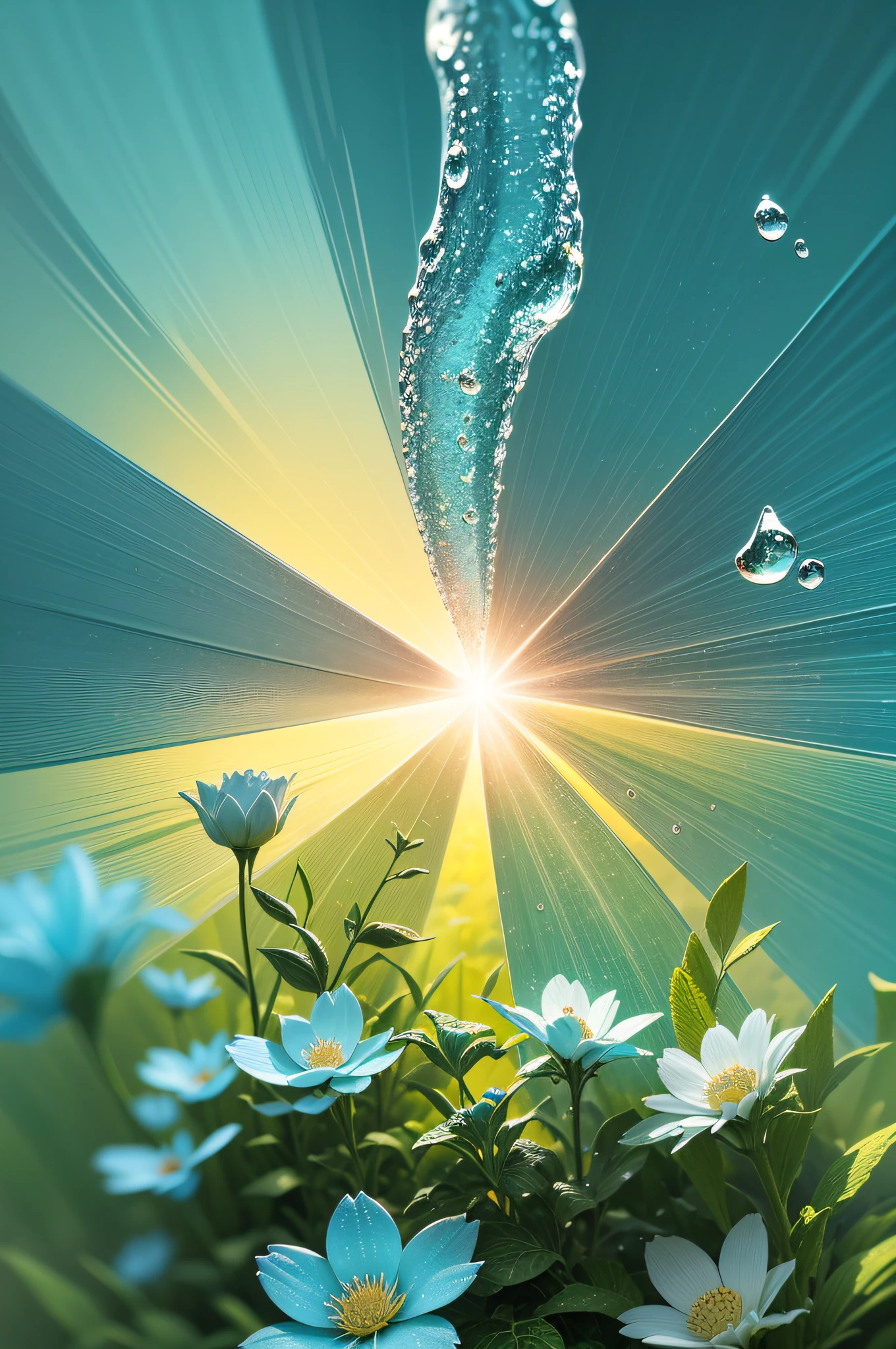 turquoise flowers with dew drops, vibrant leaves and stems, golden ice, blue color background, glow, sun rays and glare, high detail, full detail, high resolution, glow, rendering, photorealistic, 55 mm, volumetric lighting, ray tracing, reflections