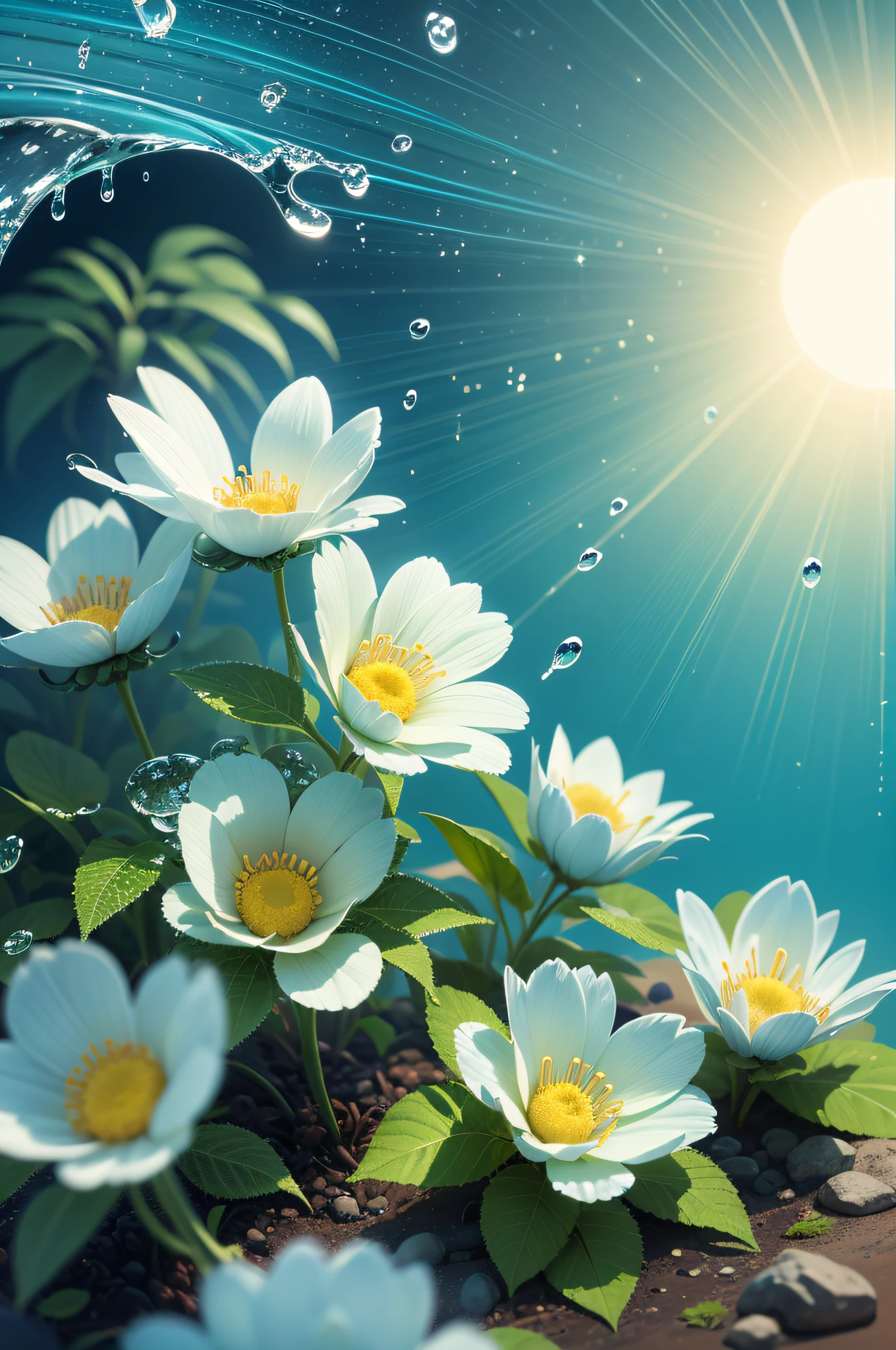 turquoise flowers with dew drops, vibrant leaves and stems, golden ice, blue color background, glow, sun rays and glare, high detail, full detail, high resolution, glow, rendering, photorealistic, 55 mm, volumetric lighting, ray tracing, reflections