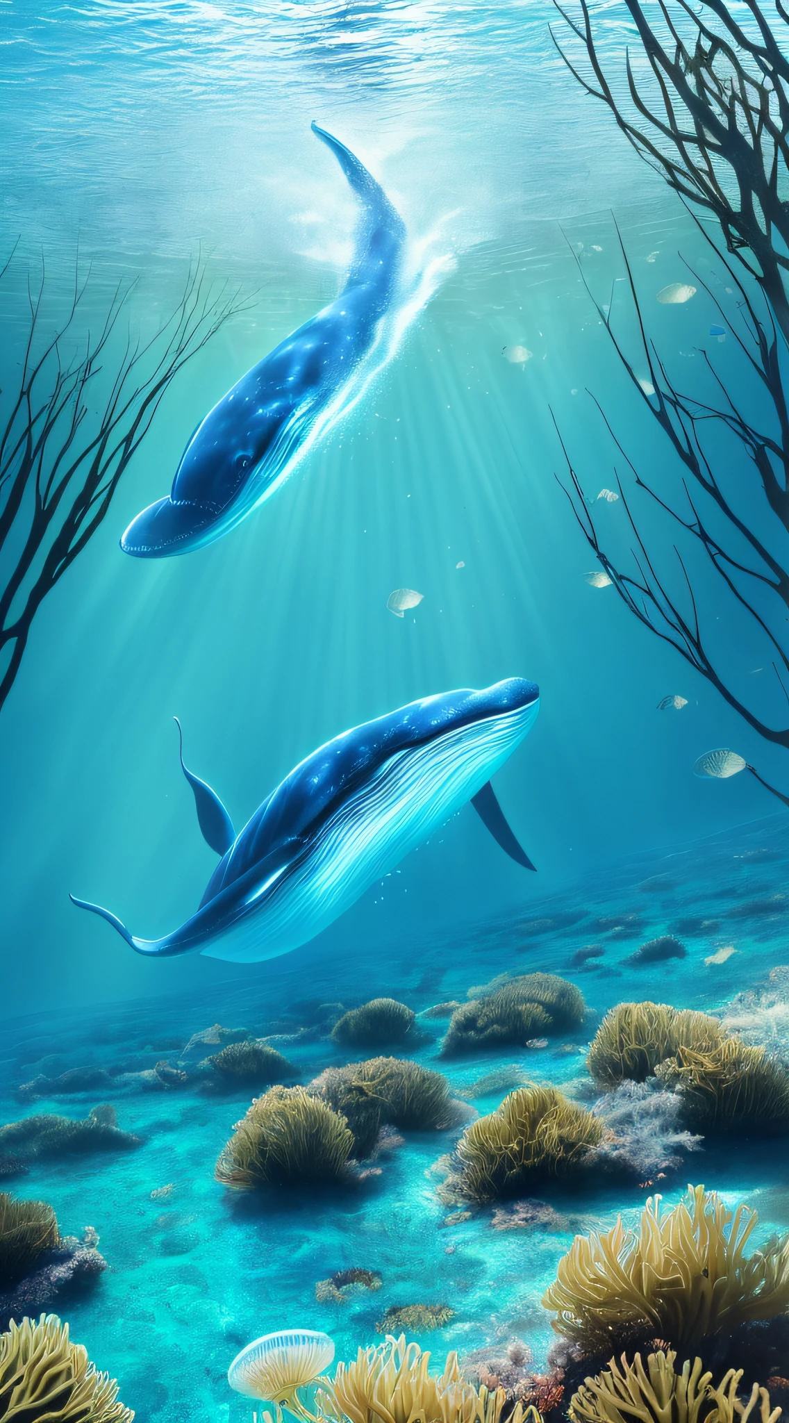 Extreme Realistic, Masterpiece, best quality, (very detailed 8k wallpapers), (best quality), (best shadows), deep ocean theme with natural elements. Tall mangroves, marine plants, glowing jellyfish, ((blue whale)), (marine plants), (ocean theme), ((luminous algae)), (coral), ((Glow Creatures in Seawater)), ((Sea Fire)), ((Particle Effect)), Octane Rendering, Super Detailed