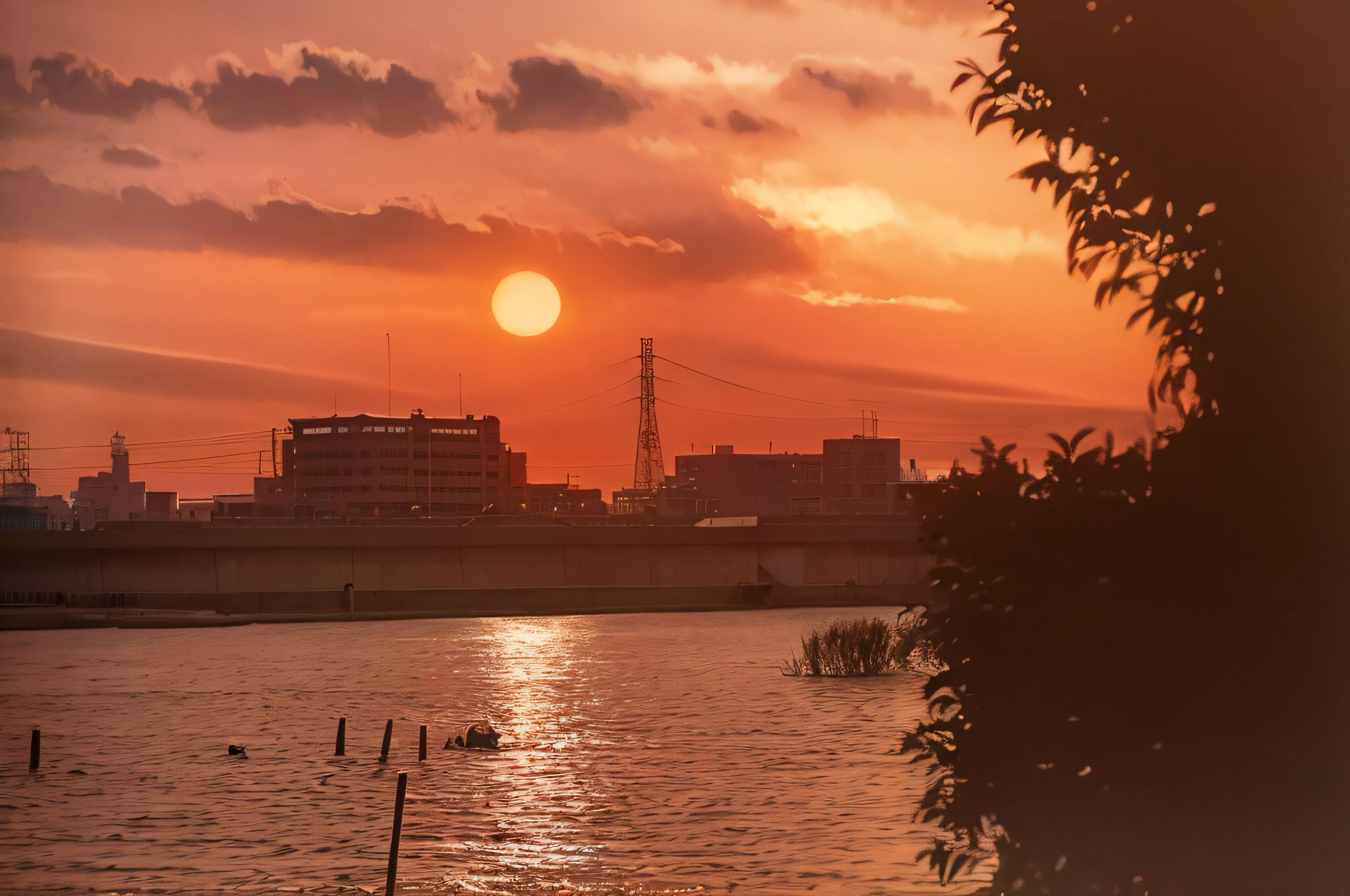 sunset over a body of water with a city in the background, sunset kanagawa prefecture, it is sunset, The sun is setting, sunset photo, Sunset time, Sunset in the background, sun setting in the background, Sunset!!!, photo taken with sony a7r, Summer sunset, with sunset, red sun in the background, during a sunset, with a sunset