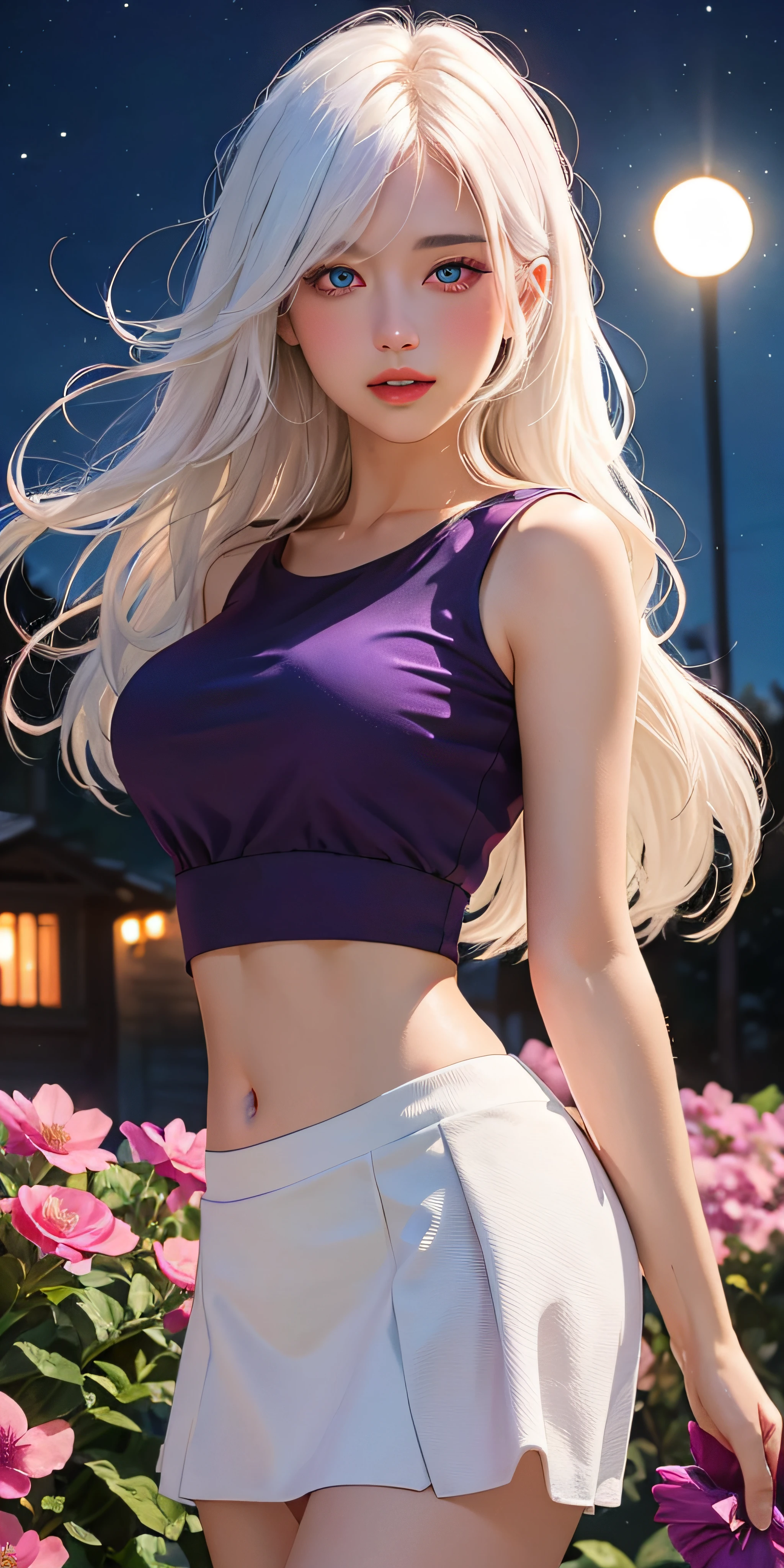 realistic, 1girl, white hair, purple eyes, glowing eyes, crop top, skirt, parted lips, blush, night, flowers, sun, sunlight,