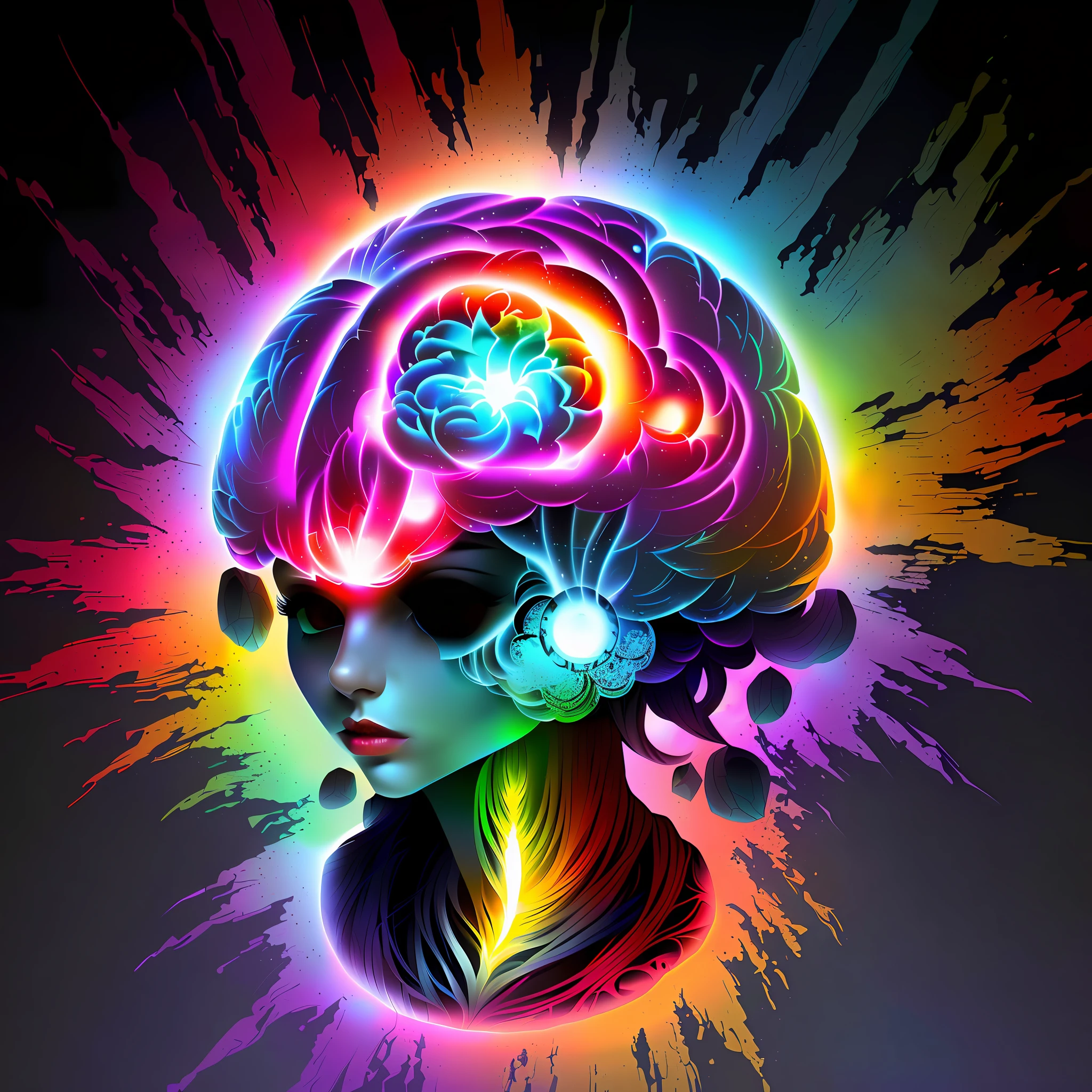 ((best illustration)), (5 strips) coming out of the face, (vibrant color palette), dynamic angle, (purple skin), iridescent effect, (fiery eyes), (steampunk outfit), (floating in a dark void), (multi-layered chains), (metallic textures), (illuminated glow), (cyberpunk elements)