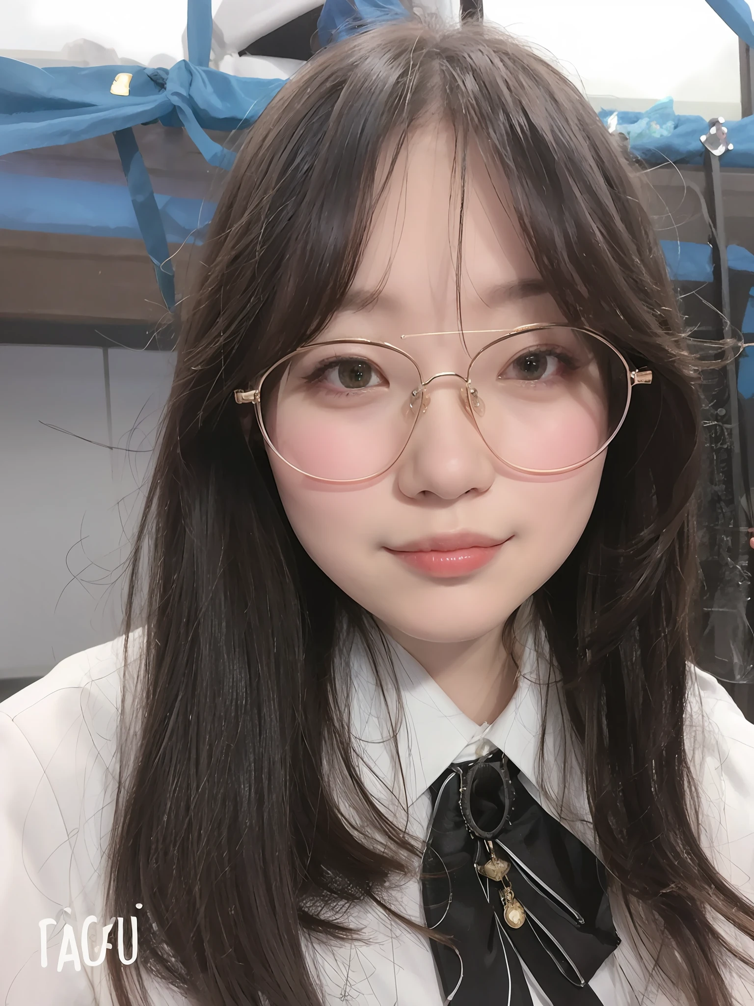 there is a woman with glasses and a tie posing for a picture, Urzan, With glasses, wearing thin large round glasses, 8k selfie photograph, eye glass, jaeyeon nam, with square glasses, wearing small round glasses, xintong chen, li zixin, clear cute face, girl wearing round glasses, yanjun cheng, thick round spectacles