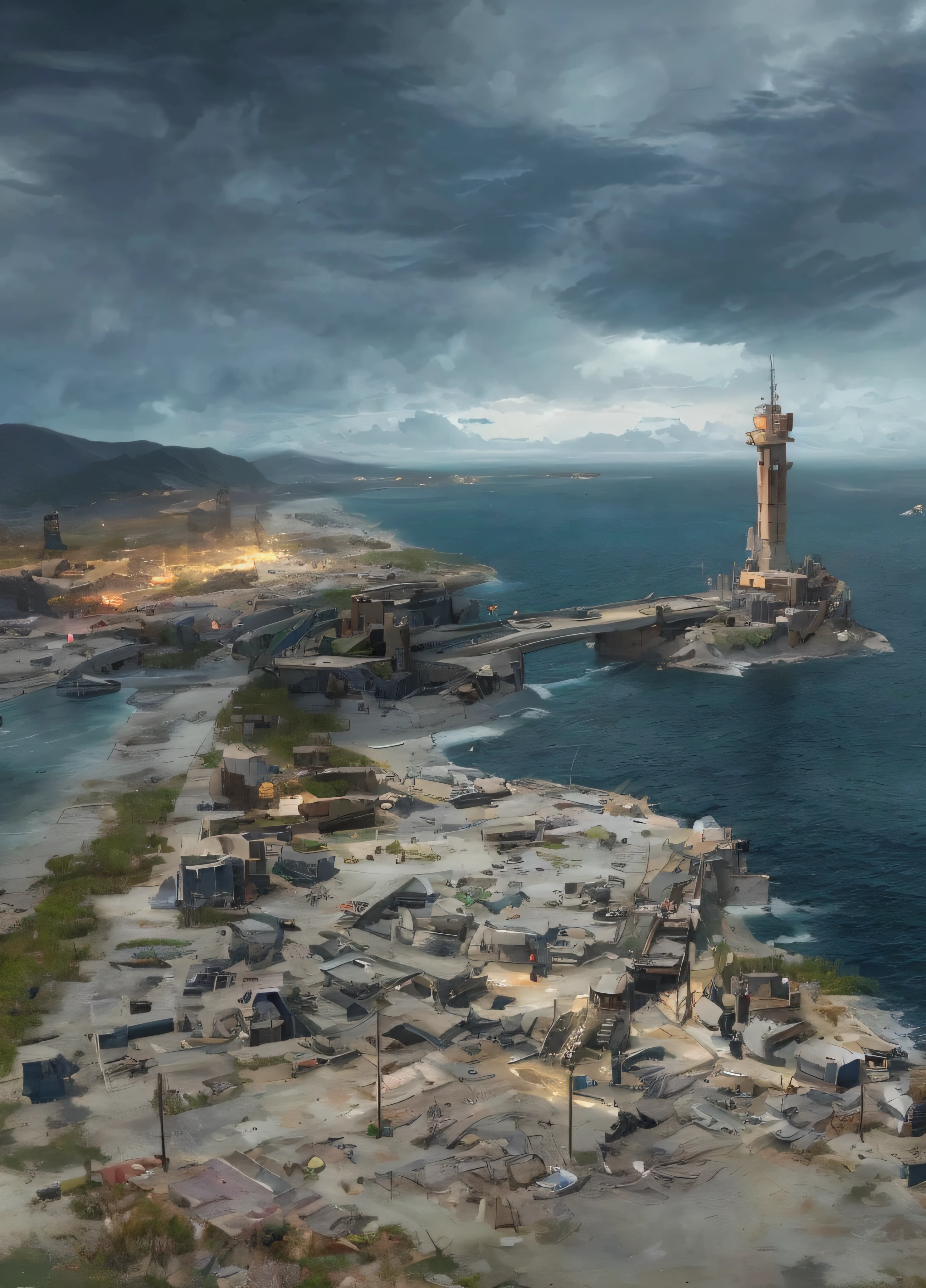 There is a military base on a small island in the middle of the ocean, inspired by Ismail Inceoglu, ismail inceoglu and ruan jia, dramatic concept art, concept-art ， highly rendered, concept art for a video game, game art matte painting, highly realistic concept art, author：Ismail Inceoglu, concept world art, author：Luis Miranda