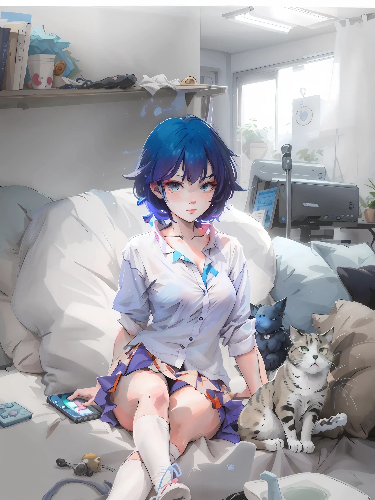anime girl laying in bed with a cat and a remote control, guweiz on pixiv artstation, artwork in the style of guweiz, guweiz on artstation pixiv, soft anime illustration, guweiz, Anime art wallpaper 8k, anime art wallpaper 4k, anime art wallpaper 4k, 4k anime wallpaper、White shirt and dark blue skirt with blue ribbon around neck、Black cat is next to it、Black Bob Cut、Illustration of light shades of pencil and ink