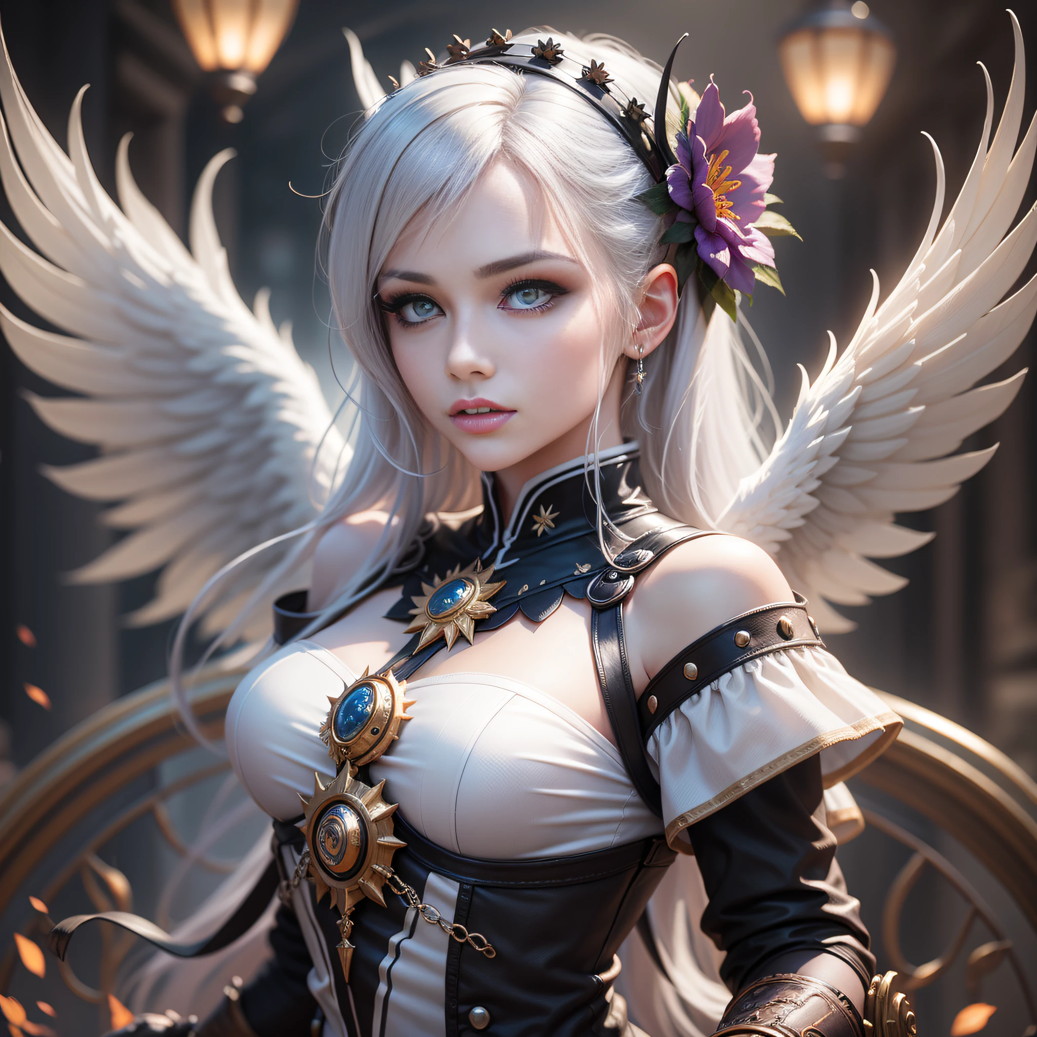 Elyos with white wings from Aion MMORPG, Detailed, Full body, fine art masterclass splash spray trickle, opaline Prisma, Steampunk celestial ethereal, hdr, ultra high detailed, Centered, Bokeh, Lens flare, foggy dusk, full bloom, light bloom, Cinematic lighting, HighDynamicRange, Depth of field, full pose, Perfect detailed face, detailed symmetric hazel eyes with circular iris, Realistic, stunning realistic photograph, a 3D render, rendering by octane, intricate-detail, Cinematic, trending on artstationh, isometria, Centered hipereallistic cover photo, Awesome full color, starring in front of camera