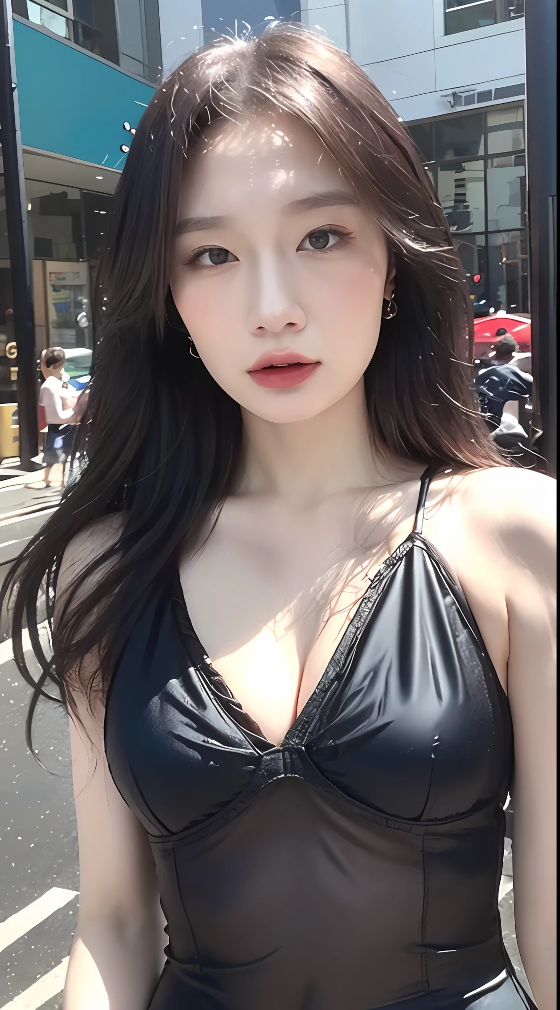 ((Realistic lighting, Best quality, 8K, Masterpiece: 1.3)), Focus: 1.2, 1girl, Perfect Body Beauty: 1.4, Slim Abs: 1.1, ((Dark Brown Hair)), (Aqua Dress: 1.4), (Outdoor, Night: 1.1), City Street, Super Fine Face, Fine Eyes, Double Eyelids,