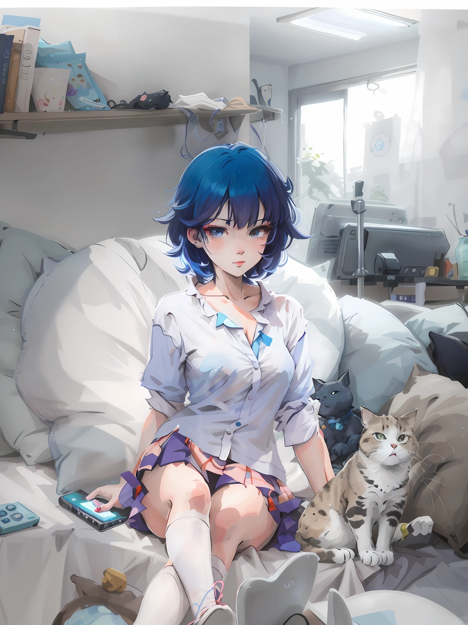 anime girl laying in bed with a cat and a remote control, guweiz on pixiv artstation, artwork in the style of guweiz, guweiz on artstation pixiv, soft anime illustration, guweiz, Anime art wallpaper 8k, anime art wallpaper 4k, anime art wallpaper 4k, 4k anime wallpaper、White shirt and dark blue skirt with blue ribbon around neck、Black cat is next to it、Black Bob Cut、Illustration of light shades of pencil and ink