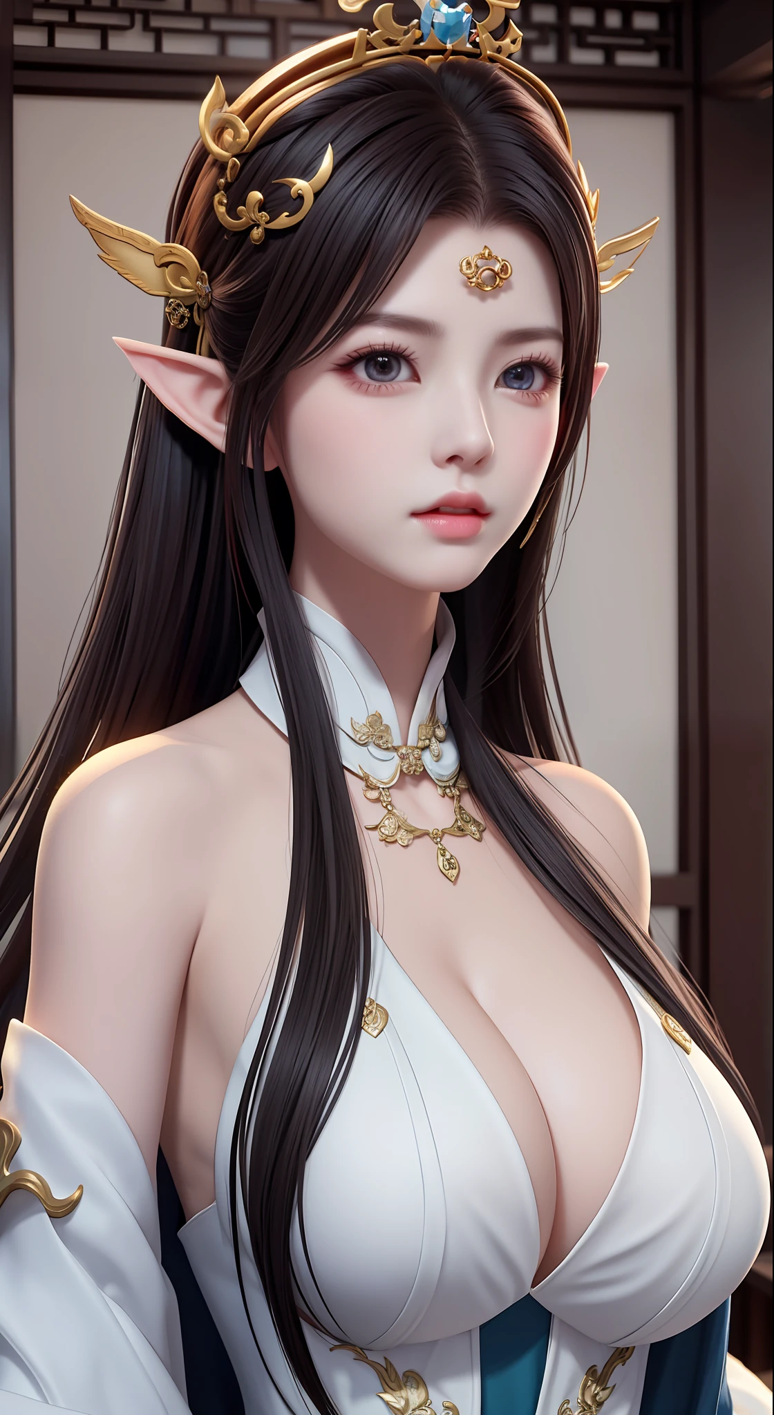 a woman with a crown on her head, game cg, cinematic goddess close shot, a beautiful fantasy empress, bian lian, xianxia hero, 4 k detail fantasy, xianxia, heise jinyao, artgerm , xianxia fantasy, inspired by Liu Yifei, 8k portrait render,alluring elf princess knight, (((big boobs)))