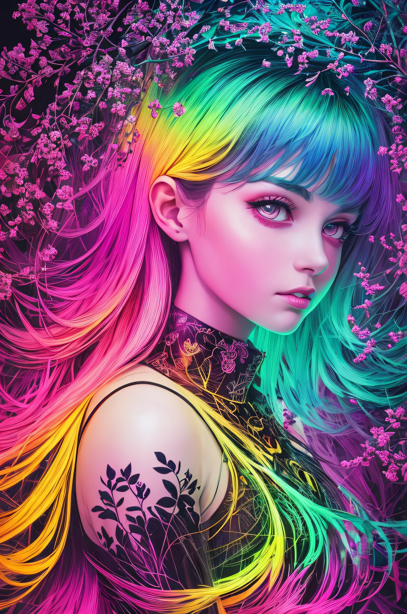Beautiful Young Woman covered with tree branches, bright Rainbow glowing heart visible from human, Night time, photorealistic, hyperdetailed, cinematic lighting hdr, softbox lighting, Lumitronic effect, Risograph Style, surrounded By Neon Powder Smoke, Abstract surreal psychedelic, --auto --s2