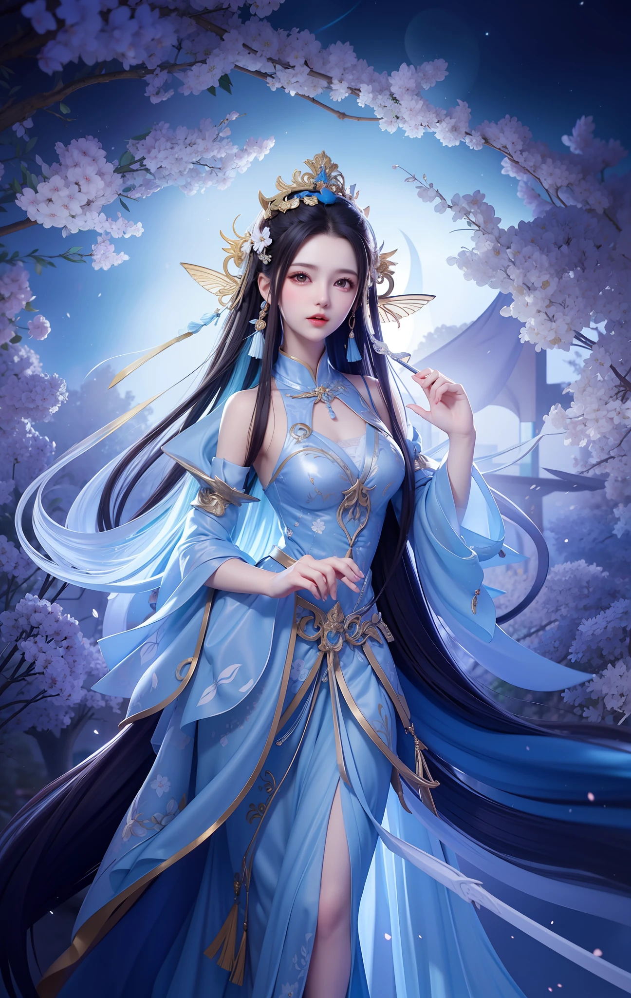 Sword girl in blue dress before the full moon, fairy tale fantasy, anime girl with long hair and blue skirt, beautiful girl with a crown ((a beautiful fantasy empress)), full body fairy swordsman, palace, girl in Hanfu, inspired by Lan Ying, fairy tale fantasy, fairy swordsman, Kurosawa Nishiya, beautiful figure painting