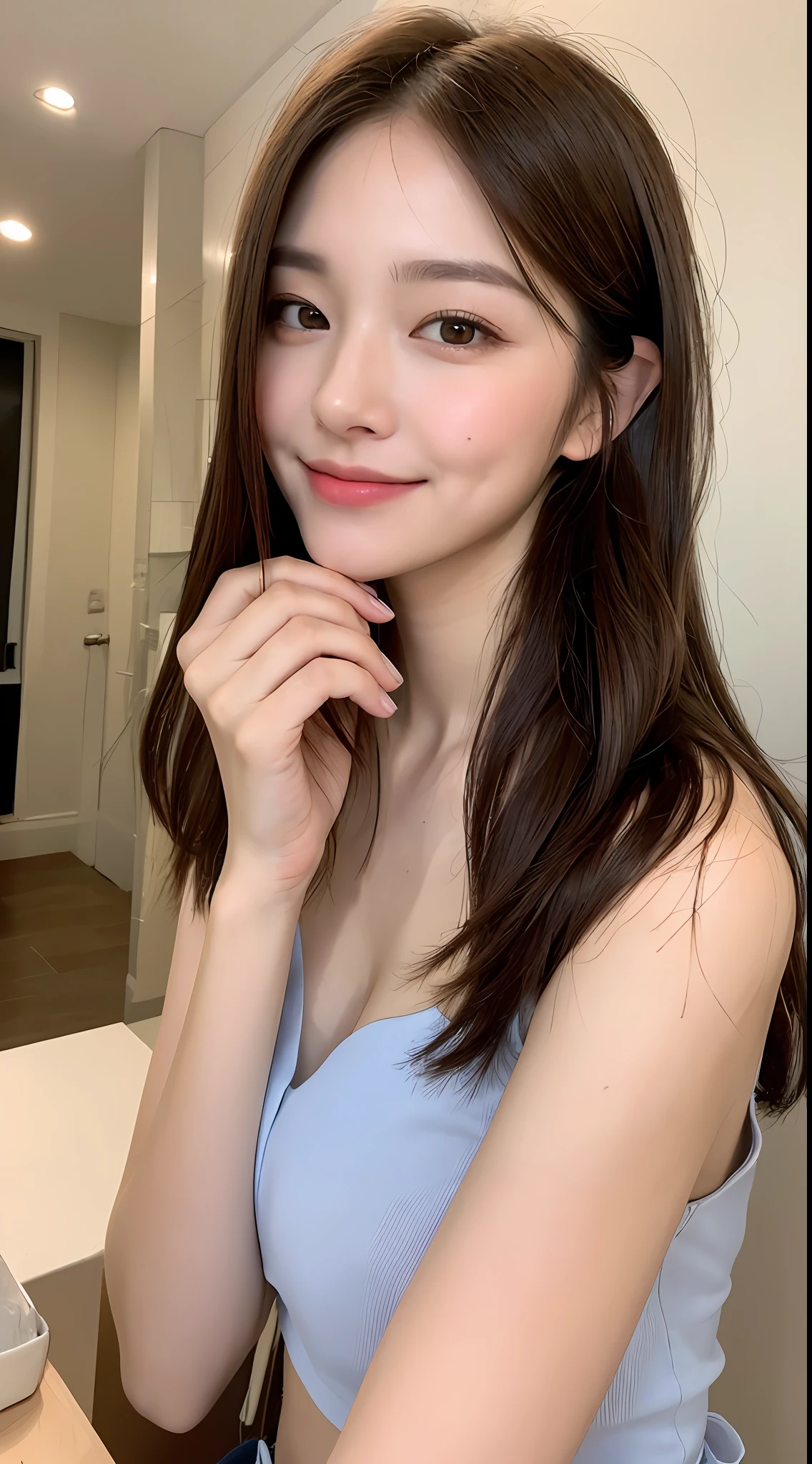 ((Best Quality, 8K, Masterpiece: 1.3)), 1 Girl, Slim Abs Beauty: 1.3, (Hairstyle Brown Hair Shortcut, Big: 1.2), Dress: 1.1, Super Slender Face, Delicate Eyes, Double Eyelids, Smile, Home, Raw Photo