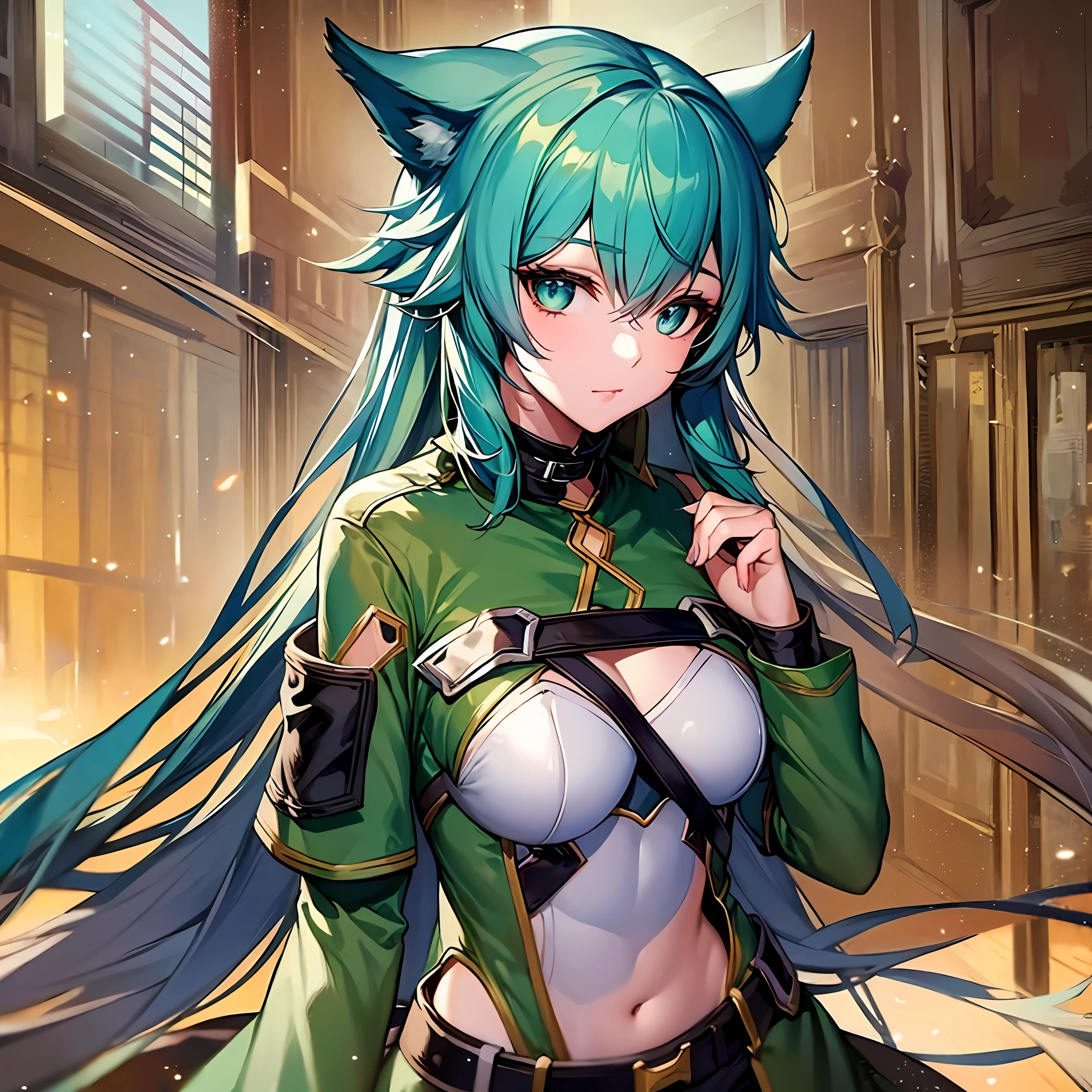 шедевр、beste-Qualit、Hi-Res、女の子1人、sinon1、Animal ears、black ribbons、Black shorts、breastplates