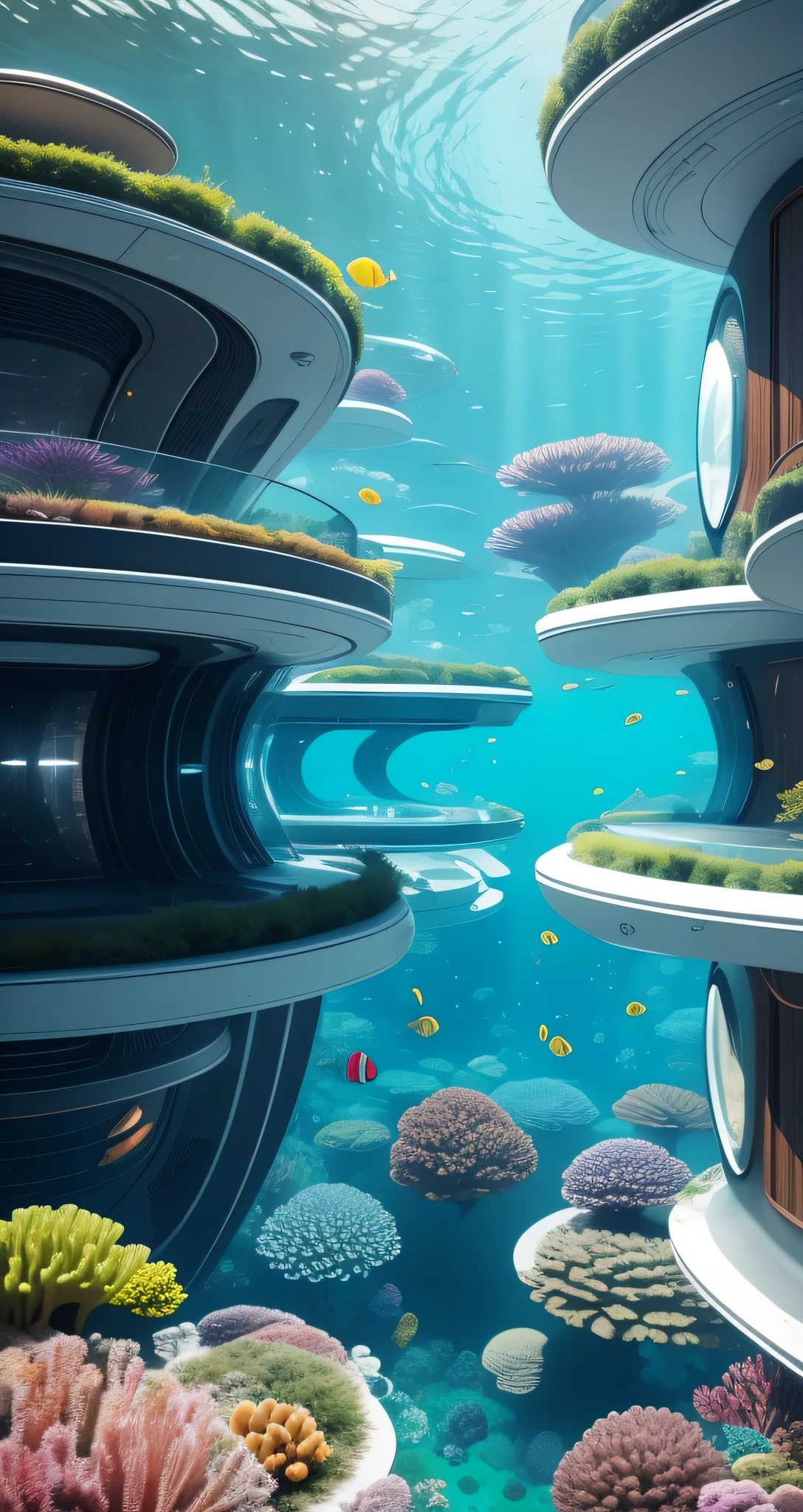 underwater BREAK underwater metal sci-fi 60s style house with oval forms vivid colors,