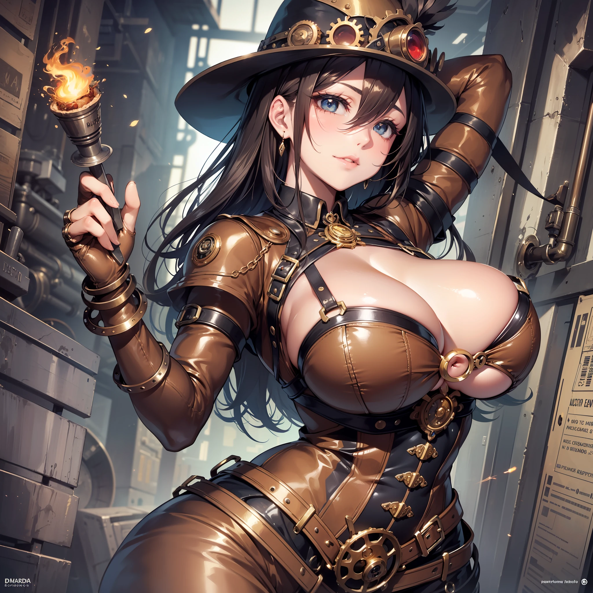 (((Ropa steampunk, Estilo steampunk, Fondo Steampunk,pie, pies, descalzo, pie perfecto, pies perfectos,Postura del pie,Postura de los pies,descalzo))),(((pezones muy marcados, pose de culo, pose de espalda, grande, pose de culo sexy,grande, naughty face))),(escote grande, cameltoe marcado, marcado, gigantic sagging breast, cameltoe marcado) (manos perfectas, dedos perfectos), (absurdo, High resolution, ultra detallado), 1 mujer madura sexy, mujer madura, extremadamente detallado, 8k, Detalles intrincados, (Estilo steampunk), (Steampunk victoriano) retrato, fondo detallado, (Tema steampunk), gabardina cuero marrron steampunk con engranajes, Armadura Steampunk, engranajes, vapor, victoriano industrial, horno,, yunque, botones, , electricidad, electric sparks epic atmosphere,