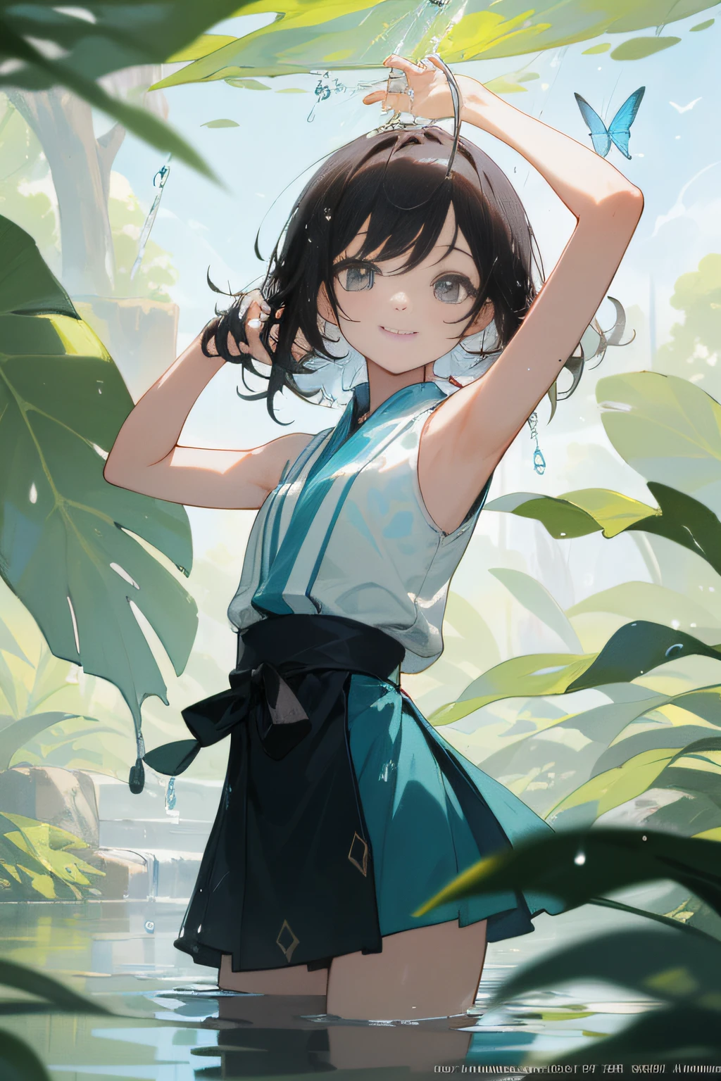(master masterpiece、bestquality、bestquality、Official Art、Beautiful and aesthetic:1.2),Sleeveless Girl, summer, Water droplets,detailed backgorund、nature、Arm up、smiles、cutest、Mysterious、Mystical background、butterflies、２８age、