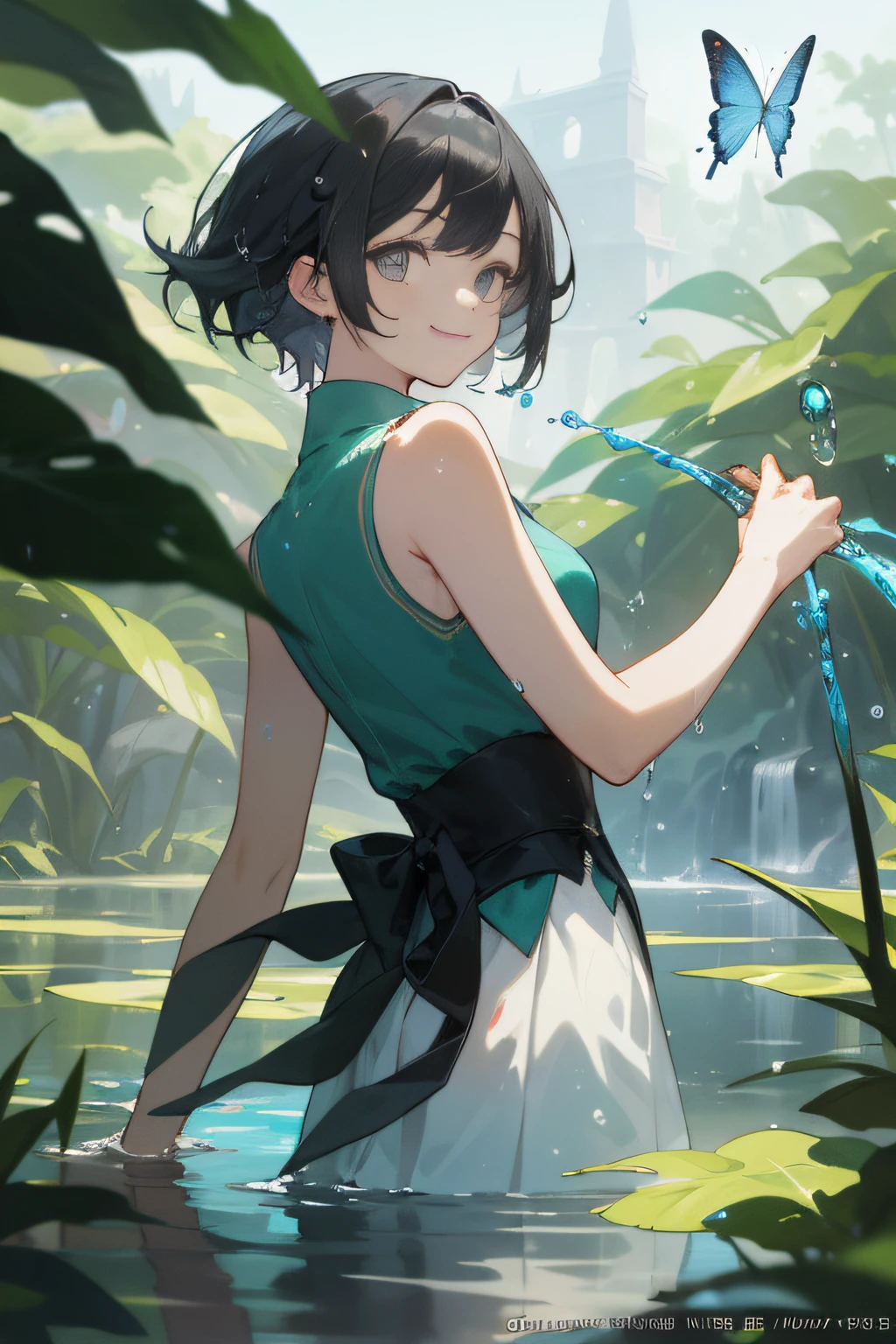 (master masterpiece、bestquality、bestquality、Official Art、Beautiful and aesthetic:1.2),Sleeveless Girl, summer, Water droplets,detailed backgorund、nature、Arm up、smiles、cutest、Mysterious、Mystical background、butterflies、２８age、