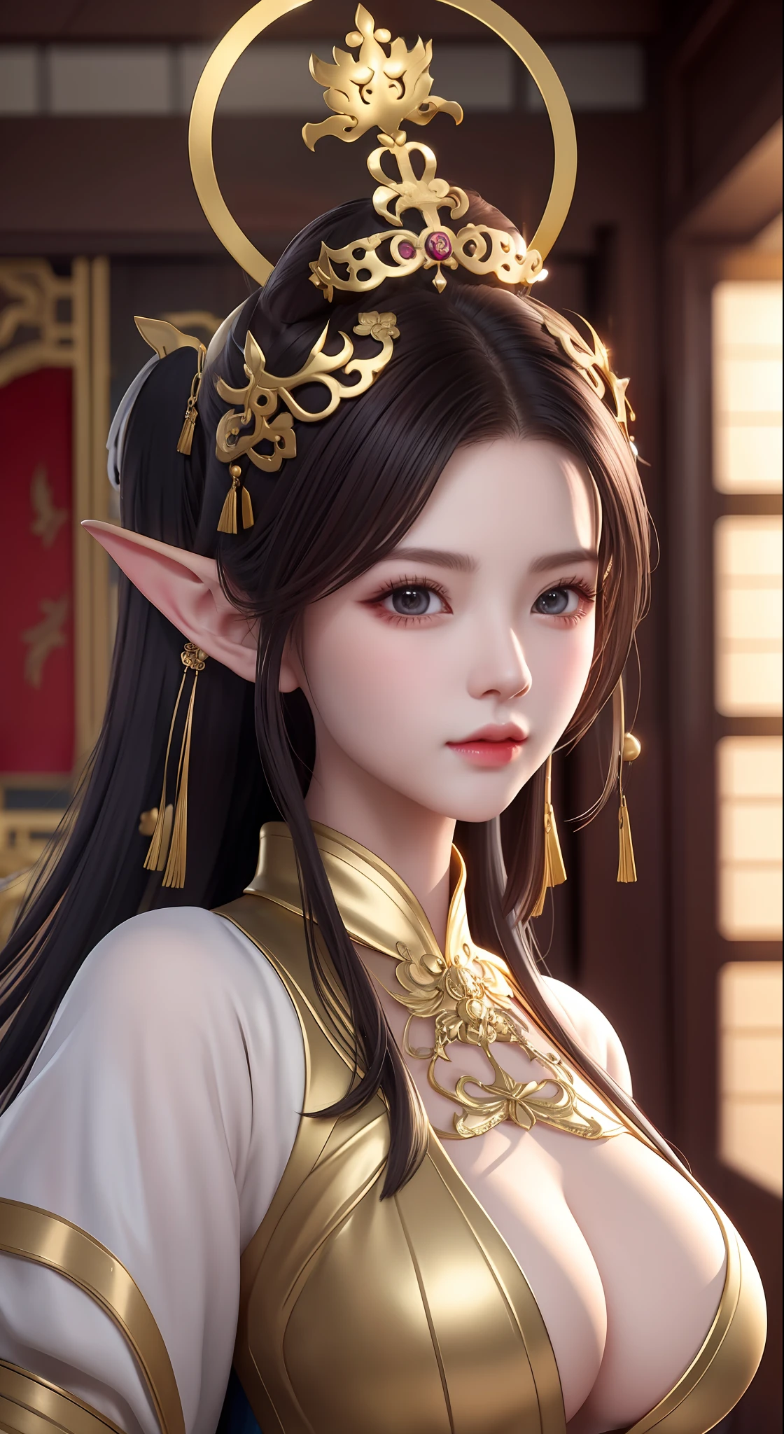a woman with a crown on her head, game cg, cinematic goddess , a beautiful fantasy empress, bian lian, xianxia hero, 4 k detail fantasy, xianxia, heise jinyao, artgerm , xianxia fantasy, inspired by Liu Yifei, 8k portrait render,alluring elf princess knight, (((big boobs))),gold Saint's costume