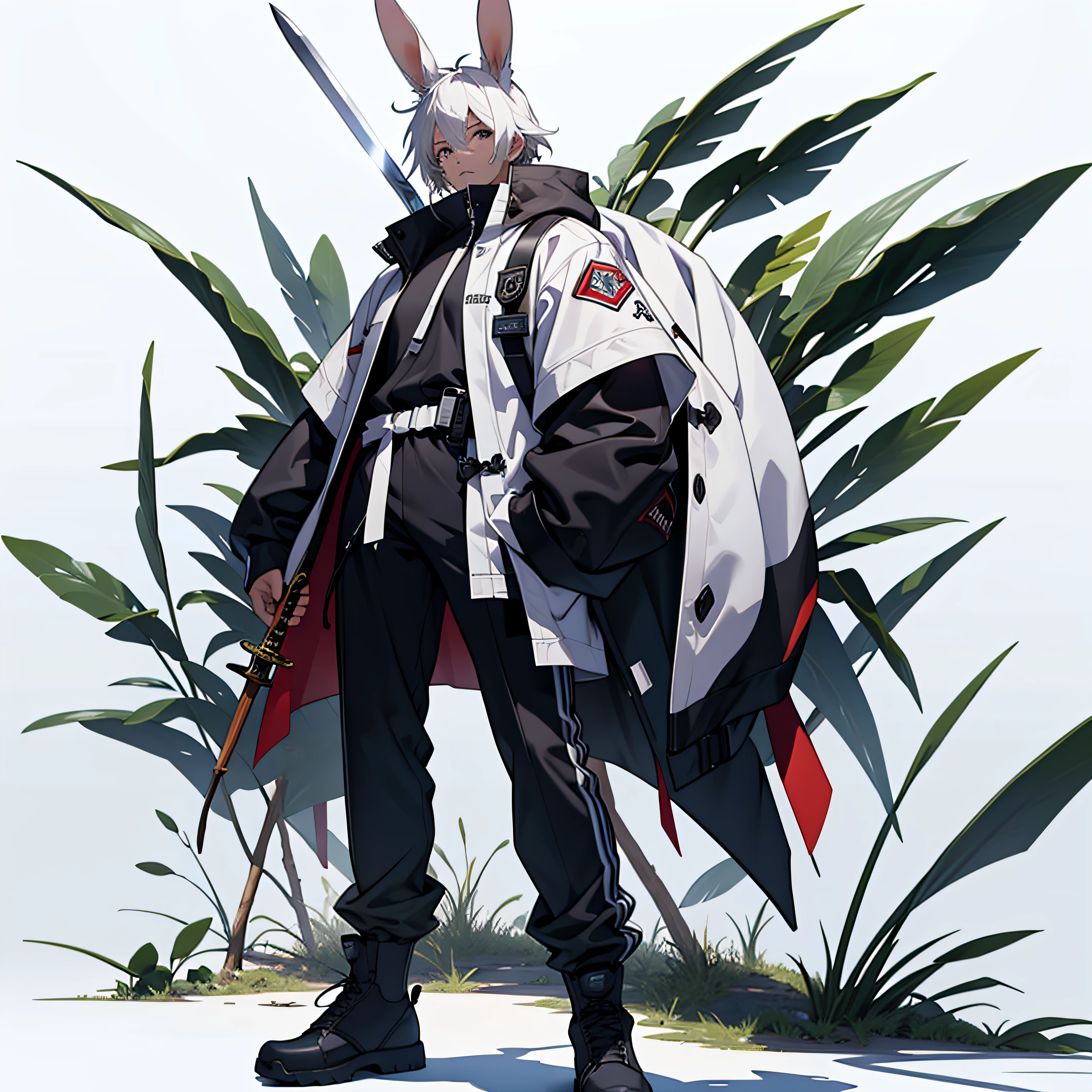 anime character with a sword and bunny ears holding a stick, white background!!!!!!!!!!, no background and shadows, [ 4 k photorealism ]!!, white bg, in-game, in - game, [ 4 k photorealism ]!!!, clear background, focus on full - body, empty background, background is white, white background, header with logo, character is standing