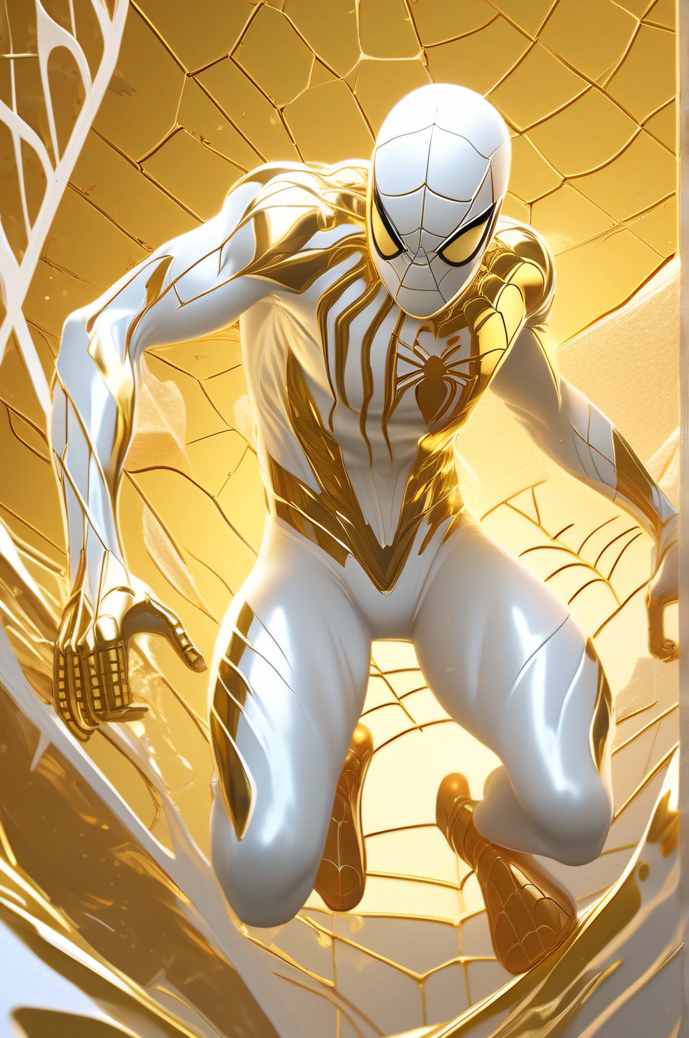 gold and white, Spiderman, Tropfanzug, Regenguss, magisch, Highly detailed, Im Trend bei ArtStation, Unreal Engine 4K, Stanley Artgerm Lau Cinematic Wallpaper, wlop, Rossdraws, James Jean, Andrew Riabovitschew, Marc Simonetti, Yoshitaka Amano. James Jean und Gustav Klimt Hintergrund, Julie Bell Licht, 4K, Porzellanhaut, Zdislaw Beksinski-Stil, detailliert, 8K, dynamische Beleuchtung, white chromatic aberration, waterlogged