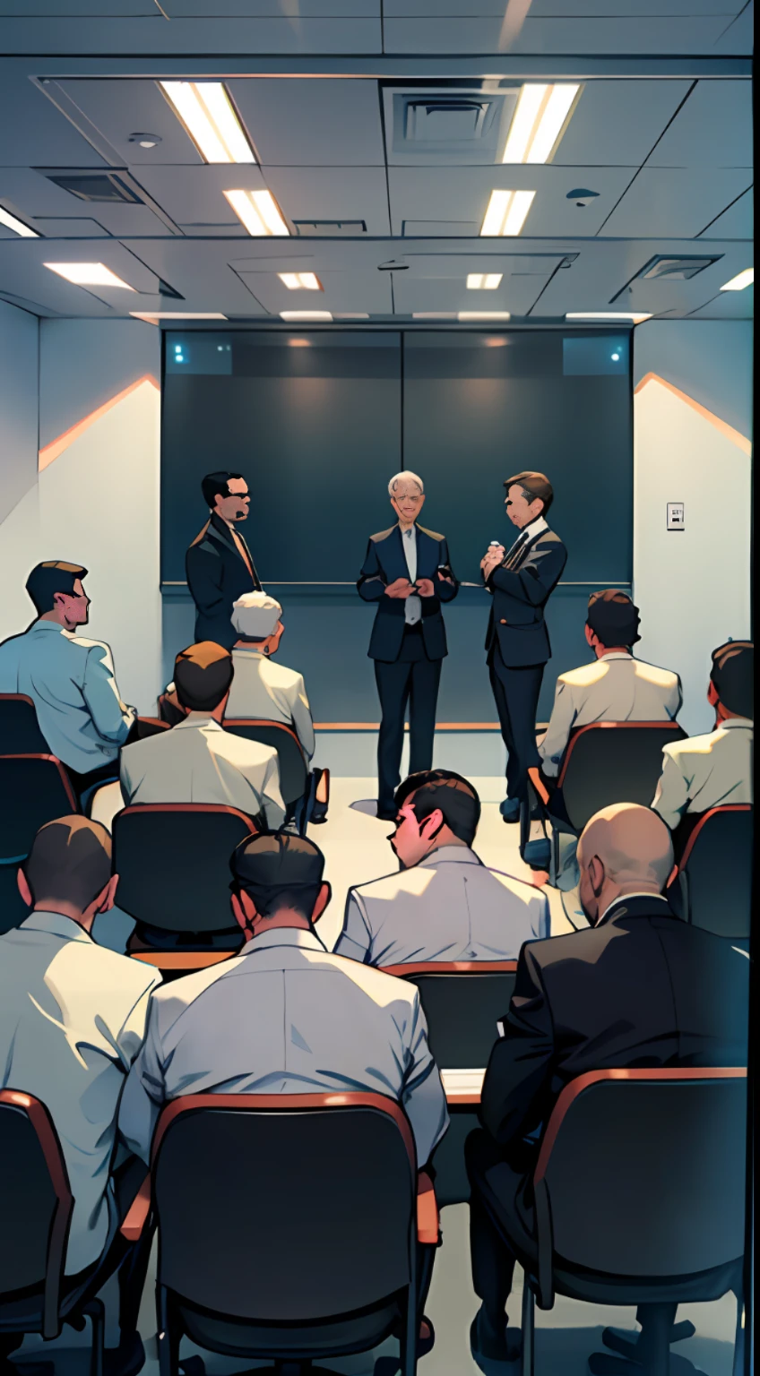 More than 10 people stood up，In the conference room，Everyone（Look towards the door:1.2）'s(Two men:1.5)，, 8K, Super detail, ccurate, Best quality