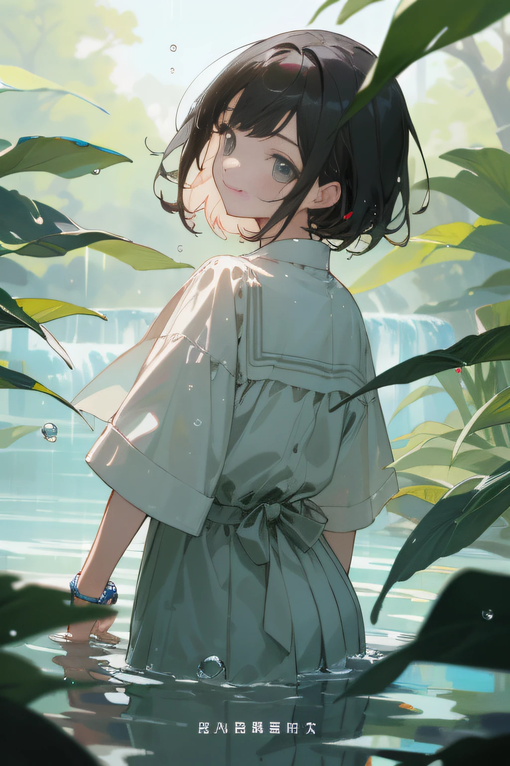 (master masterpiece、bestquality、bestquality、Official Art、Beautiful and aesthetic:1.2),Lightly dressed girl, summer, Water droplets,detailed backgorund、nature、Aside、smiles、pitiable、8 years old