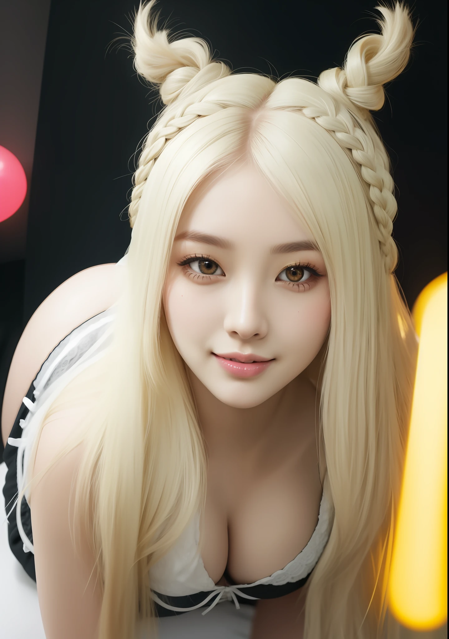 An Idol k-pop girl, (cute face, lewd face), braid hair, intricate face details, detailed face, golden ratio face, ((big breasts:1)), ((slim waist, big butt, big hip, big thighs)), ((intricate hands, detailled hands)), ((intricate feets, detailled feets)), full body, 64K, UHD, HDR, global illumination, (high quality, high detailed, hyper detailed, extremely detailed), photo realistic, ultra realistic, art photo, (clarify the details, detailed parts body), intricate artwork masterpiece, trending on artstation, (shoft smile), (yellow eyes:1), (pink lips:1)