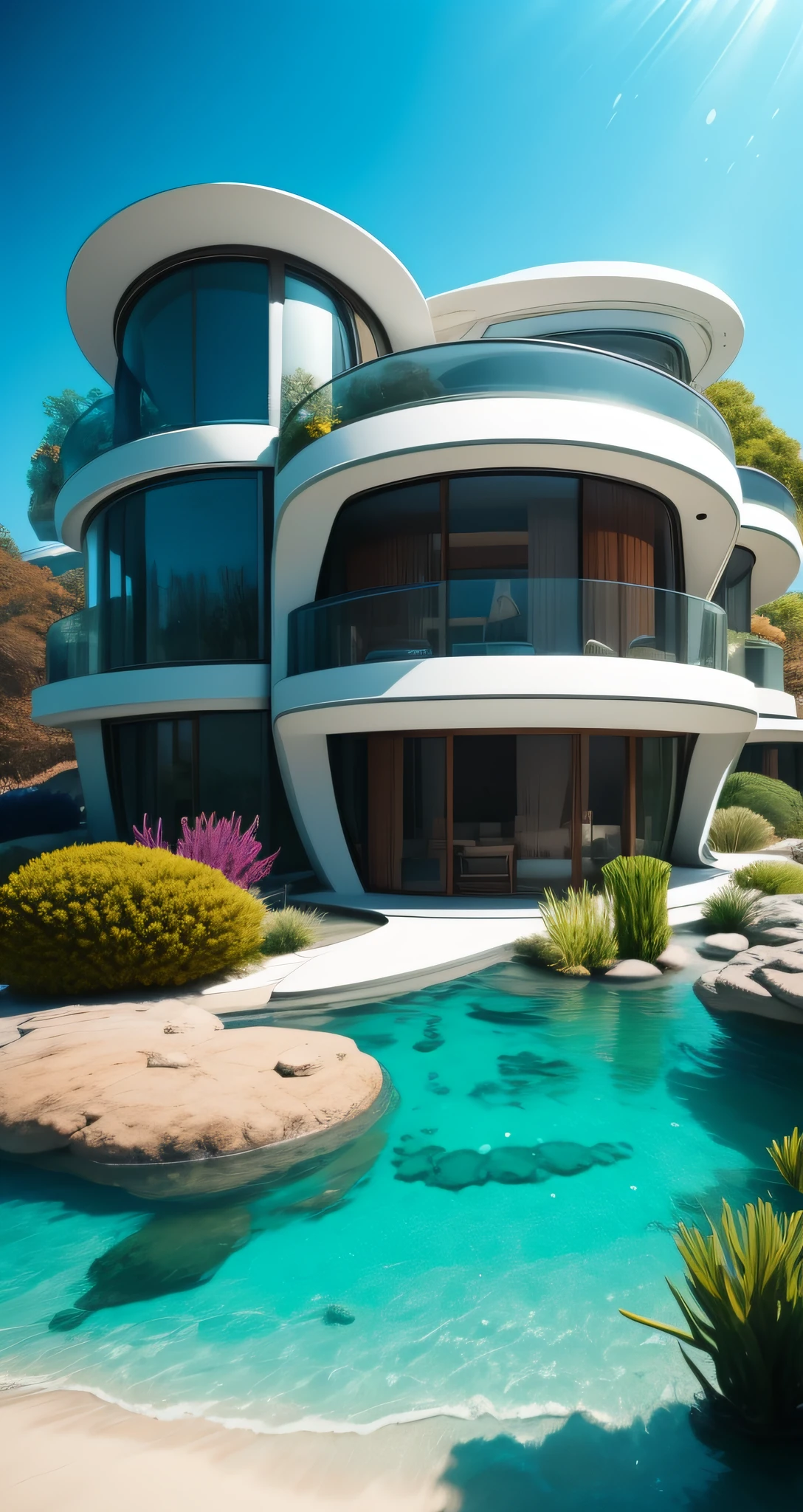 underwater BREAK underwater metal sci-fi 60s style house with oval forms vivid colors,