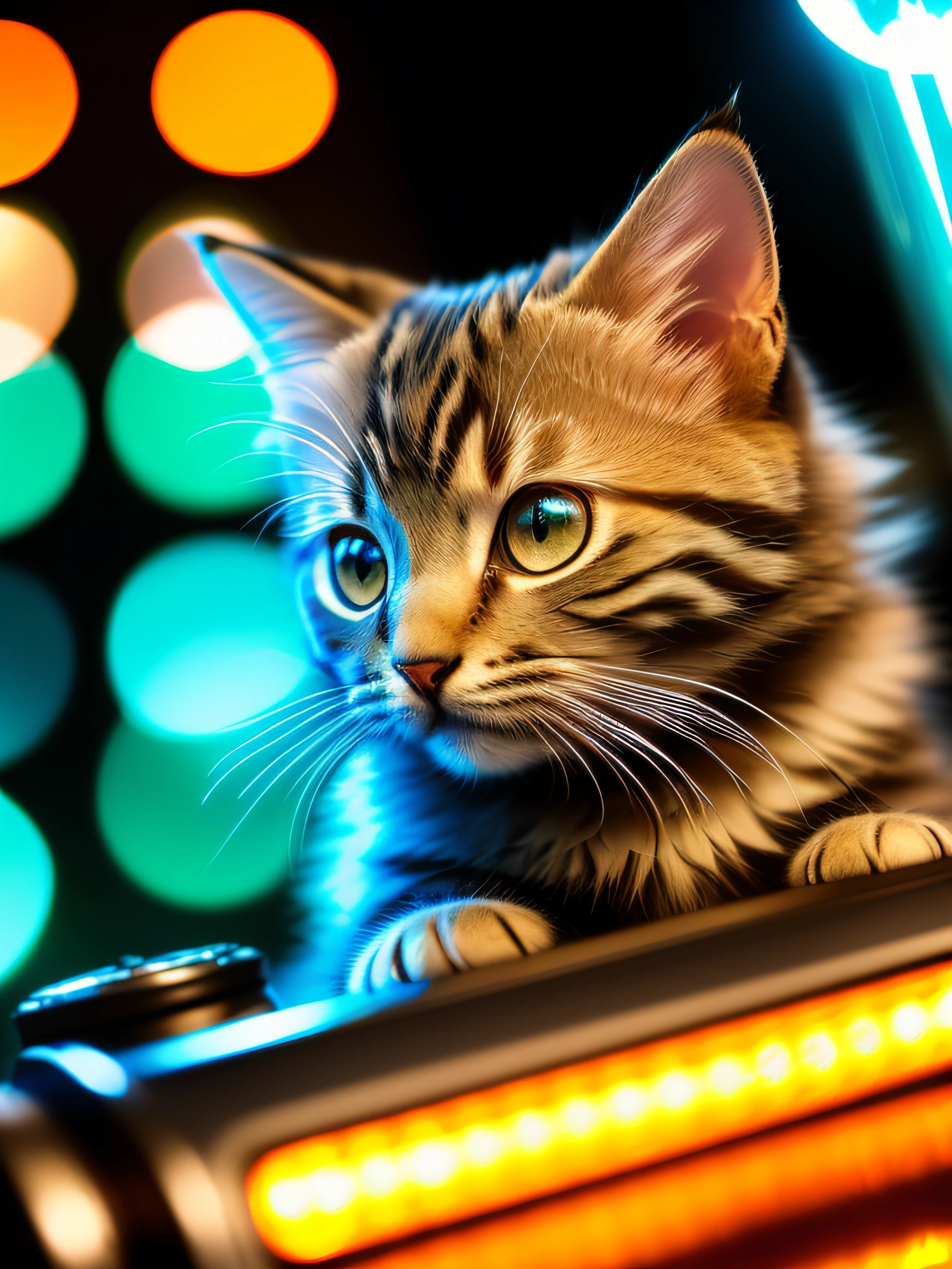 Cute fluffy kitten made of metal, cyborg, cyberpunk style, clockwork, (((intricate detail)), HDR, big eyes, (intricate detail, super detail)), vacuum tube or electron tube, cinematic shot, vignette, bokeh effect tortoiseshell