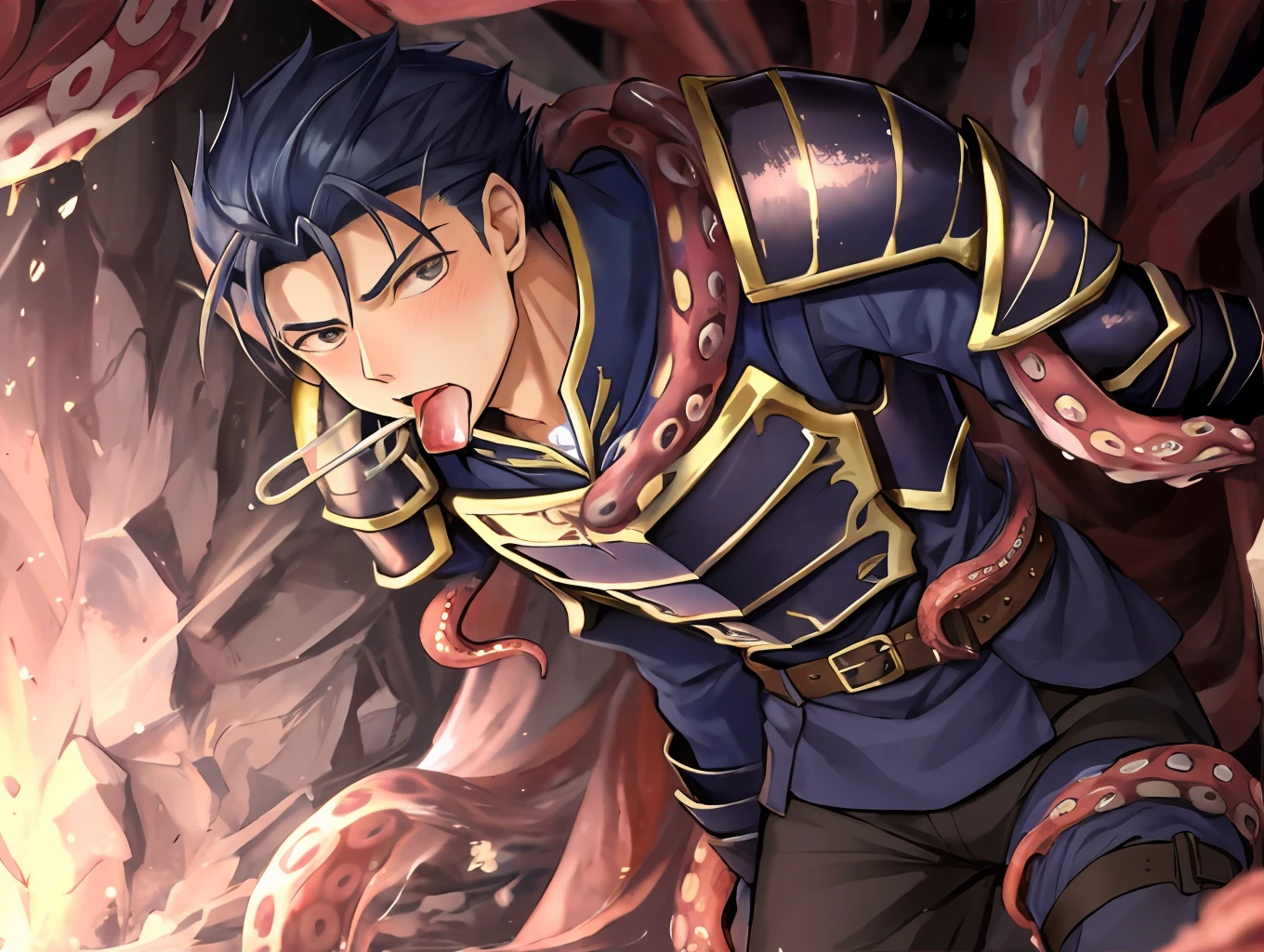 Hector Fey(adult man), 独奏, looking looking at viewer,Tied by tentacles(Mucus-secreting tentacles) ,With his mouth open(Tentacles stuff the mouth),Tentacles drill into the mouth,droolng,perspire,Tight combat uniform,Armour,Get wet, mitts, 1 man,weeping,blush on, Male focus,Tentacles wrapped around thighs(Octopus tentacles wrap around thighs), cloaks, Armour, Shoulder armor, Soaked leggings,Wrists bound by tentacles,Waist wrapped around tentacles