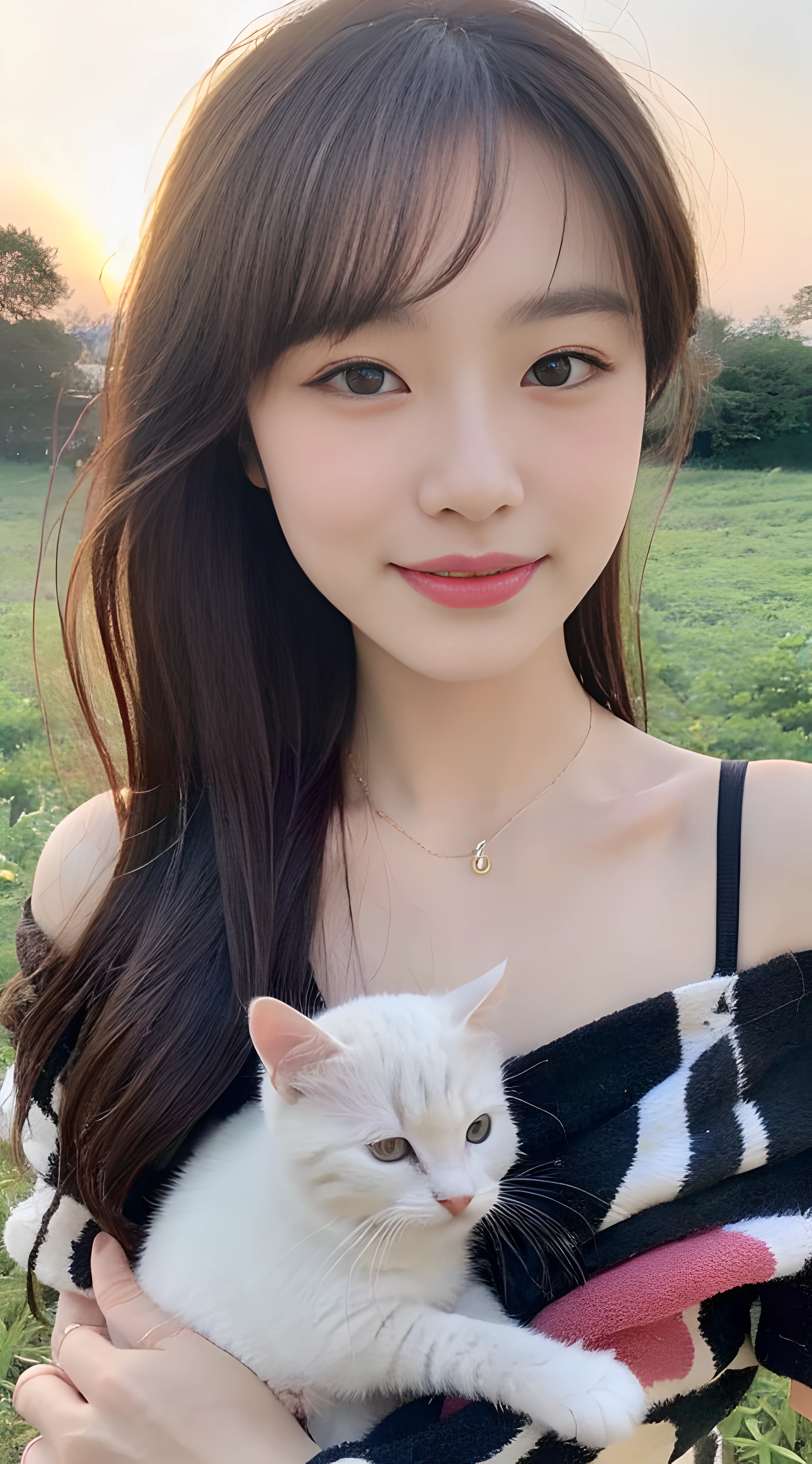 (1 Korean star with royal sister style), ((Best quality, 8K, 巨作: 1.3)), focal point: 1.2, Perfect body proportions: 1.4, (Make a smile), (Sunset: 1.3), Watery eyes, highly detailed face and skin textures, Fine eyes, Double eyelids, Whitens the skin, (length hair, Air bangs: 1.3), (Round face inches: 1.5), (off the shoulder dress: 1.4),(( In the countryside,sitted。)) The blue sky is beautiful。Play with a cute kitten