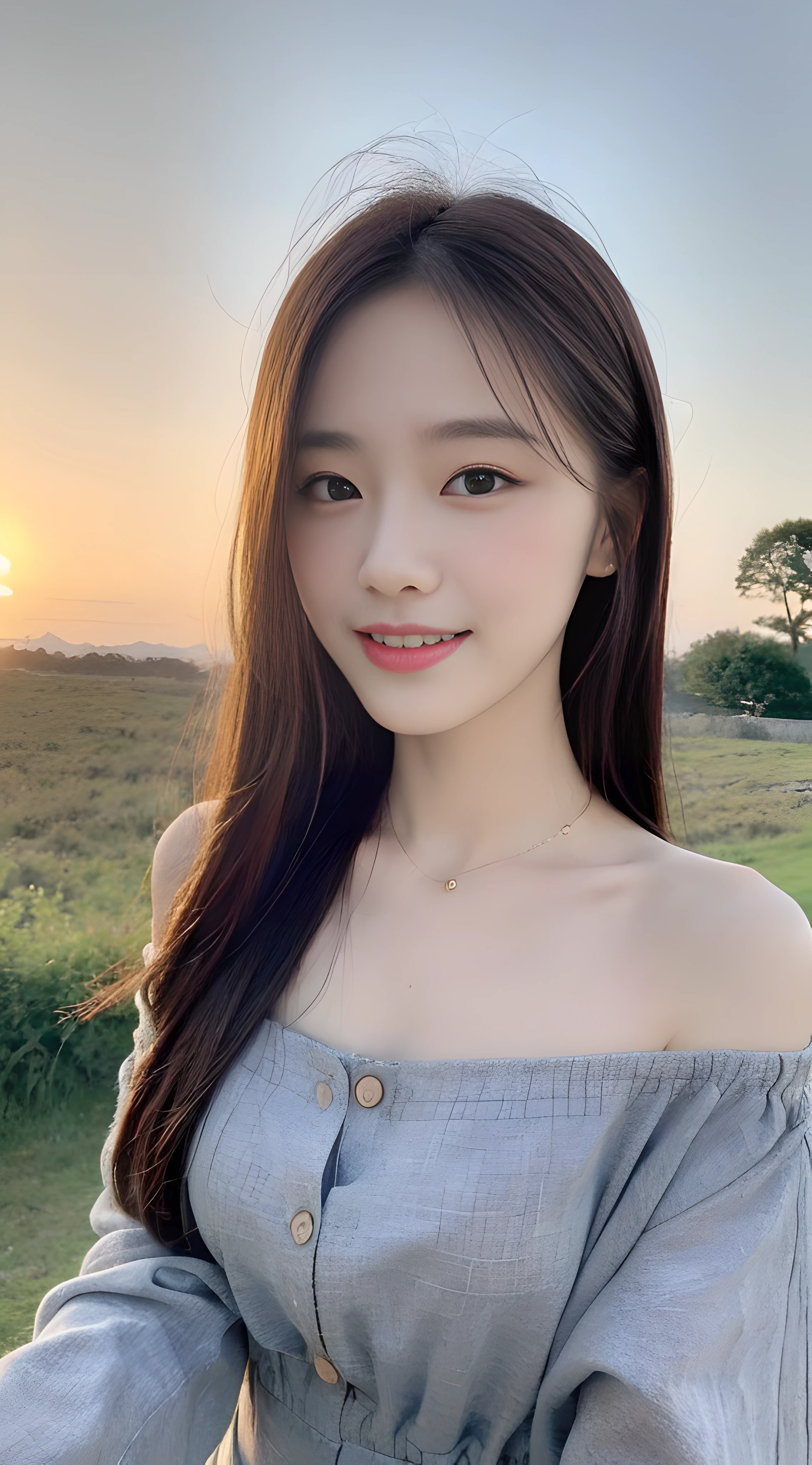 (1 Korean star with royal sister style), ((Best quality, 8K, 巨作: 1.3)), focal point: 1.2, Perfect body proportions: 1.4, (Make a smile), (Sunset: 1.3), Watery eyes, highly detailed face and skin textures, Fine eyes, Double eyelids, Whitens the skin, (length hair, Air bangs: 1.3), (Round face inches: 1.5), (off the shoulder dress: 1.4),(( In the countryside,sitted。)) The blue sky is beautiful。Play with a cute kitten