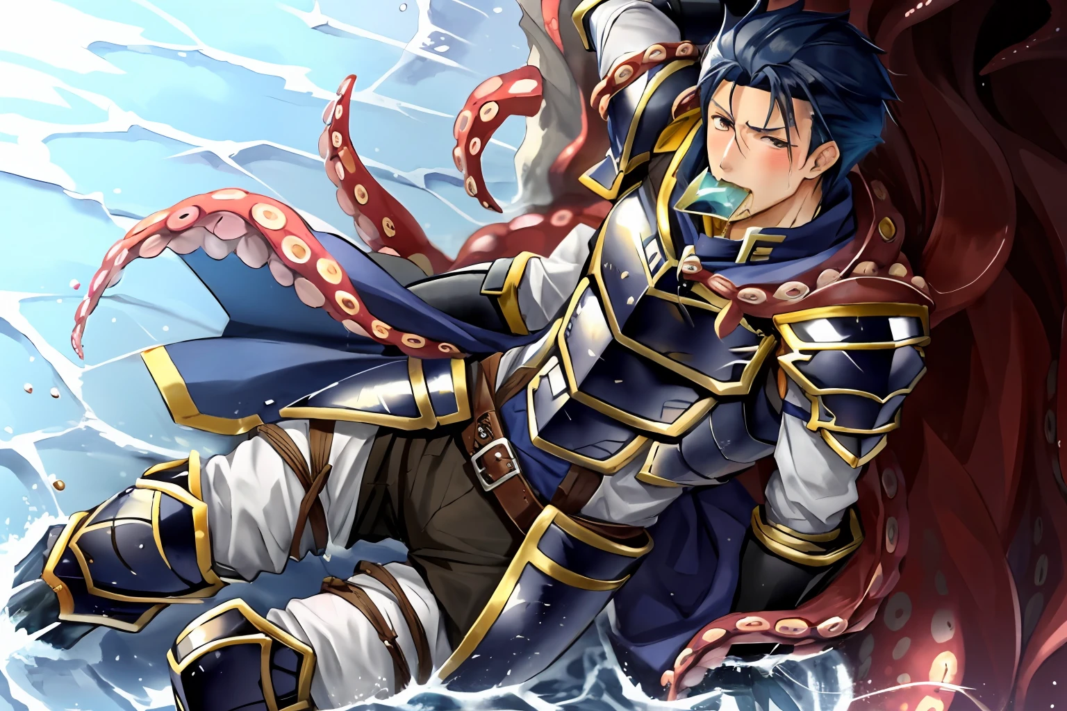 Hector Fey(adult man), 独奏, looking looking at viewer,Tied by tentacles(Mucus-secreting tentacles) ,With his mouth open(Tentacles stuff the mouth),Tentacles drill into the mouth,droolng,perspire,Tight combat uniform,Armour,Get wet, mitts, 1 man,weeping,blush on, Male focus,Tentacles wrapped around thighs(Octopus tentacles wrap around thighs), cloaks, Armour, Shoulder armor, Soaked leggings,Wrists bound by tentacles,Waist wrapped around tentacles