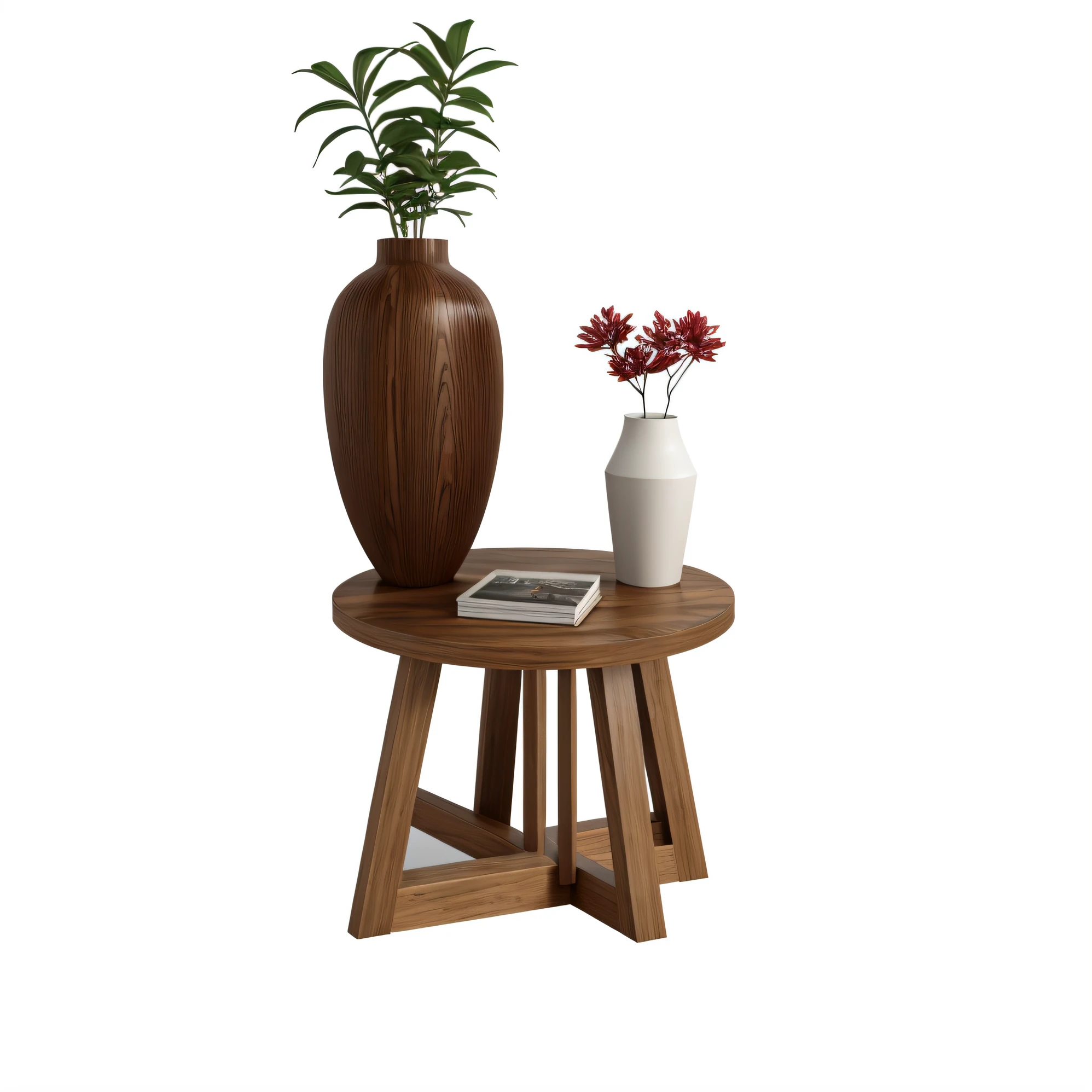 There was a vase and a table,There is a plant on it, center focus on table, wooden side table, high quality rendering, highly detailed render, 3d product, high quality 3 d render, high quality 3d render, high res render, 3 d product render, photographic render, luxurious wooden coffee table, fine simple delicate structure, with 3d render
