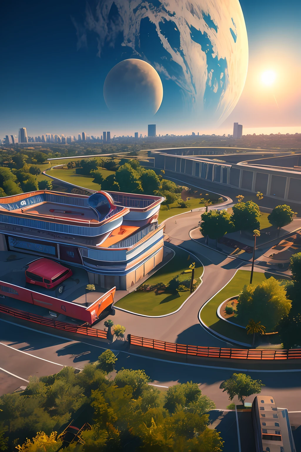 Um lindo dia de nascer do sol em um planeta distante. Ceu azul alaranjado com planetas ao fundo. Cidade futuristica com carros voadores circulando. Realista, intrincado, uhd, unreal 5 engine
